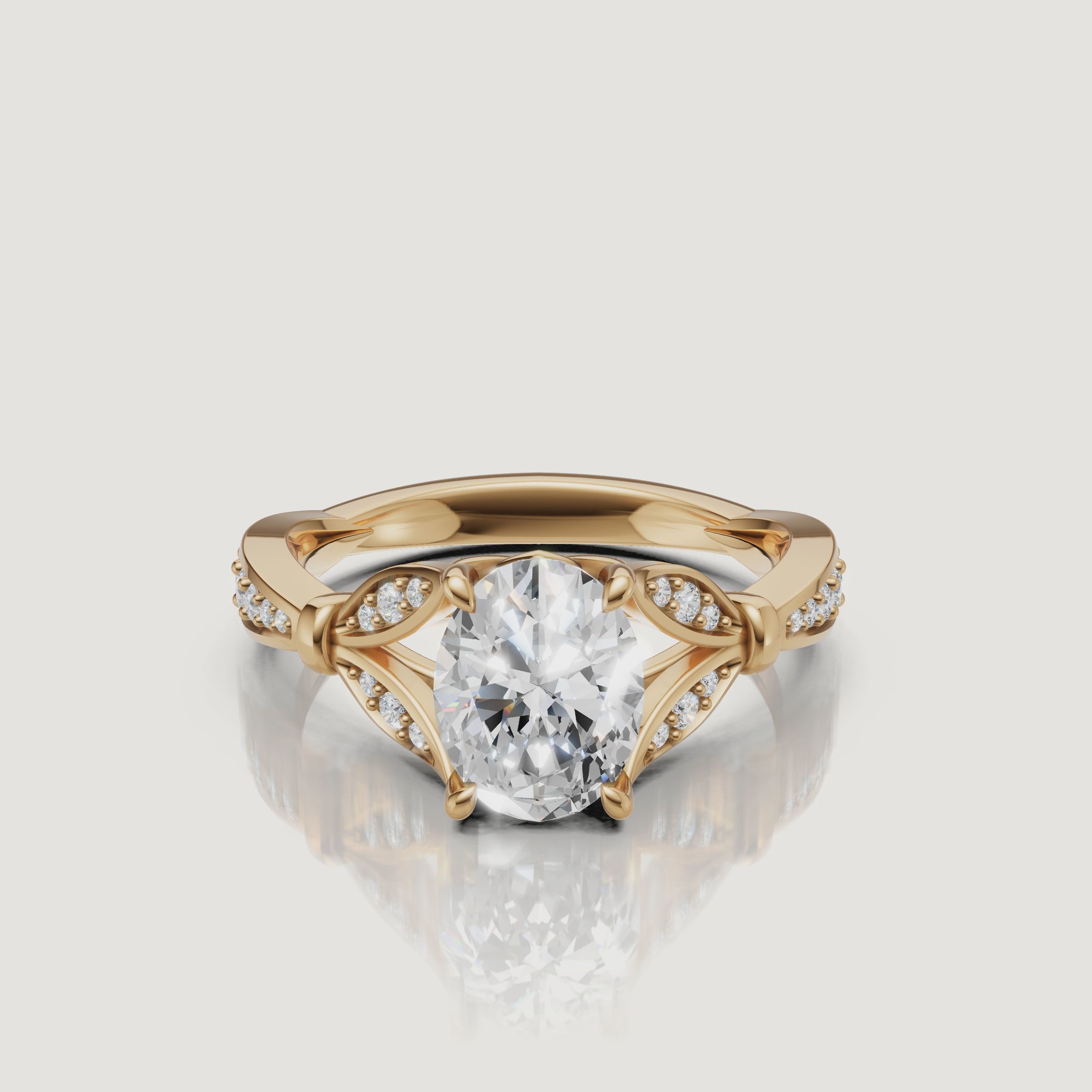 Rotating video of Raul Diamonds oval cut lab grown diamond engagement ring in 14K yellow gold with pavé accents