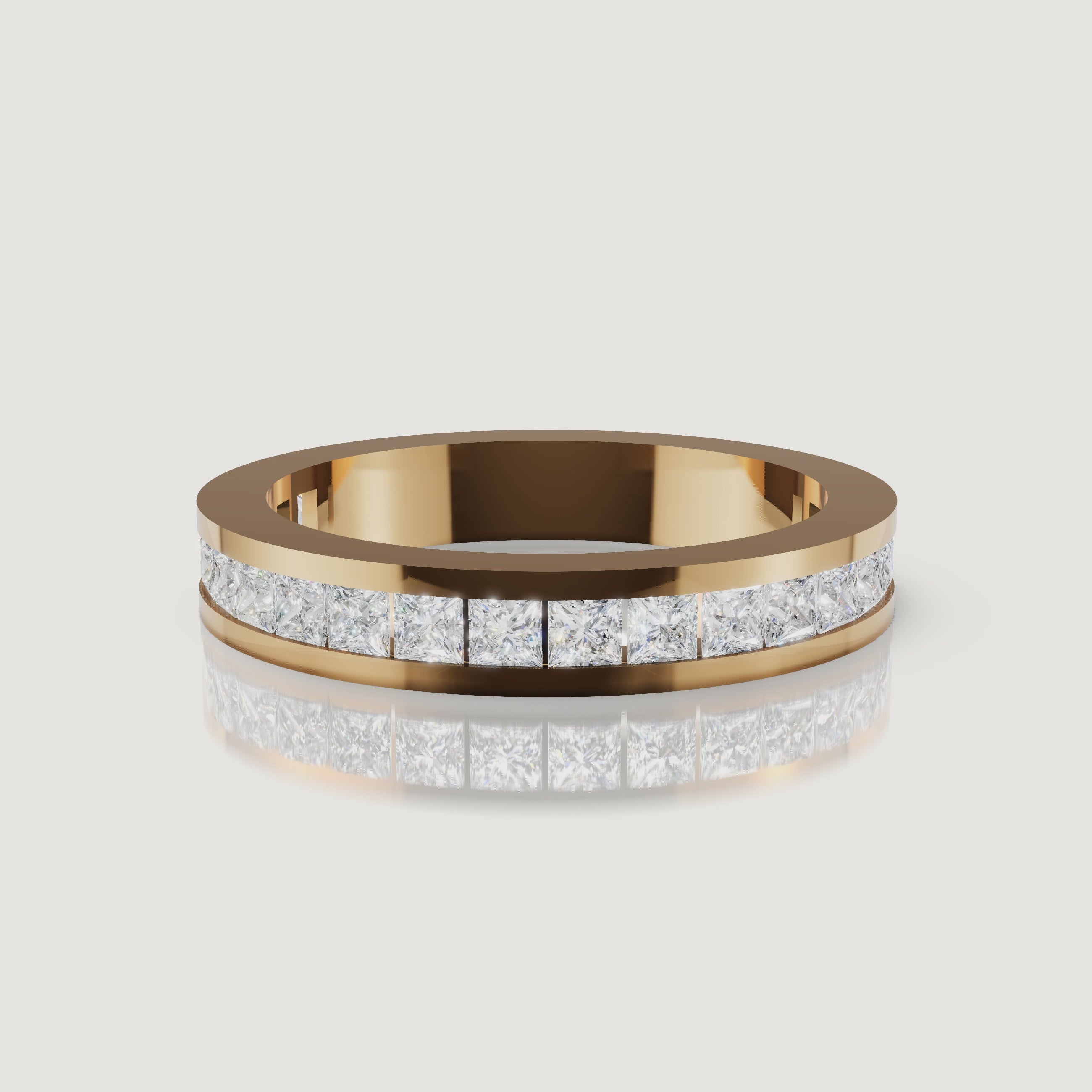 360 rotating video of Raul Diamonds yellow gold princess cut diamond wedding band with channel setting