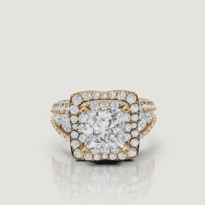 360 video of Raul Diamonds princess cut halo engagement ring in yellow gold with pavé diamonds.