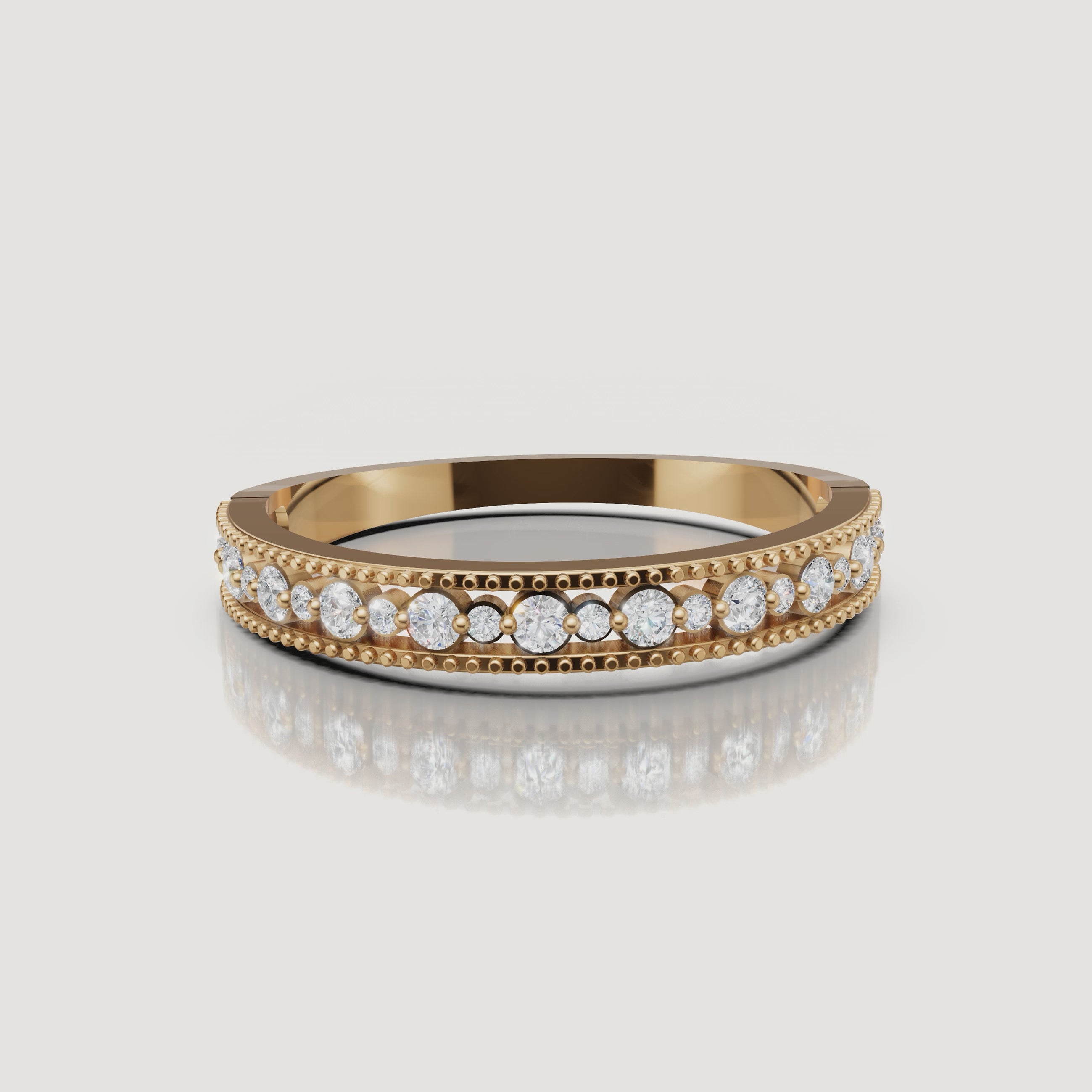 Yellow gold vintage diamond wedding band video with round brilliant diamonds by Raul Diamonds