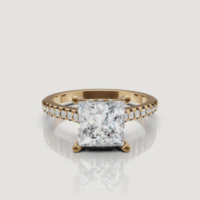 360 view of princess cut lab grown diamond pavé engagement ring in 14K yellow gold by Raul Diamonds