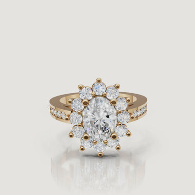 360 video of Raul Diamonds yellow gold oval diamond halo engagement ring with pavé band