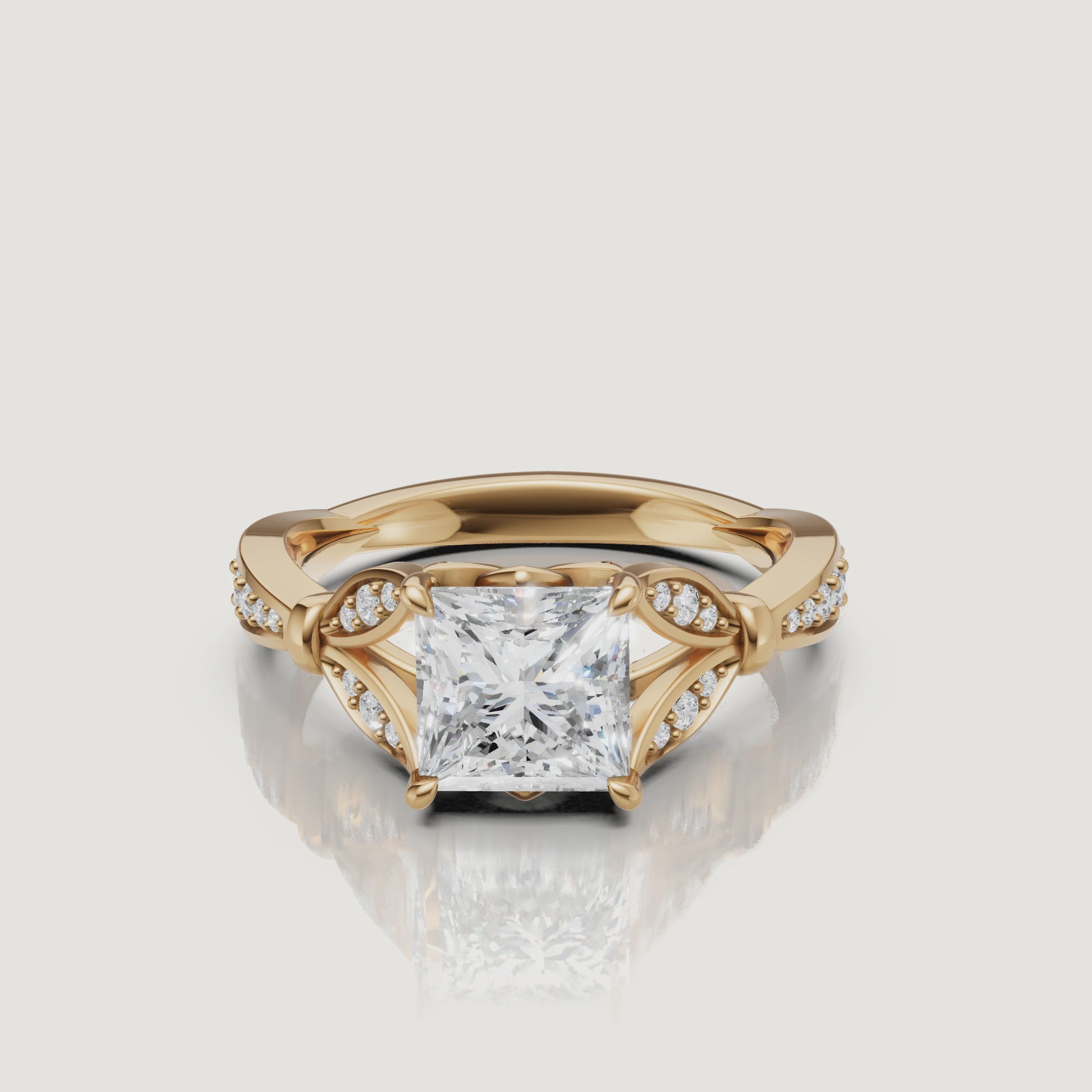 Rotating video of Raul Diamonds princess cut lab grown diamond engagement ring in 14K yellow gold with pavé accents