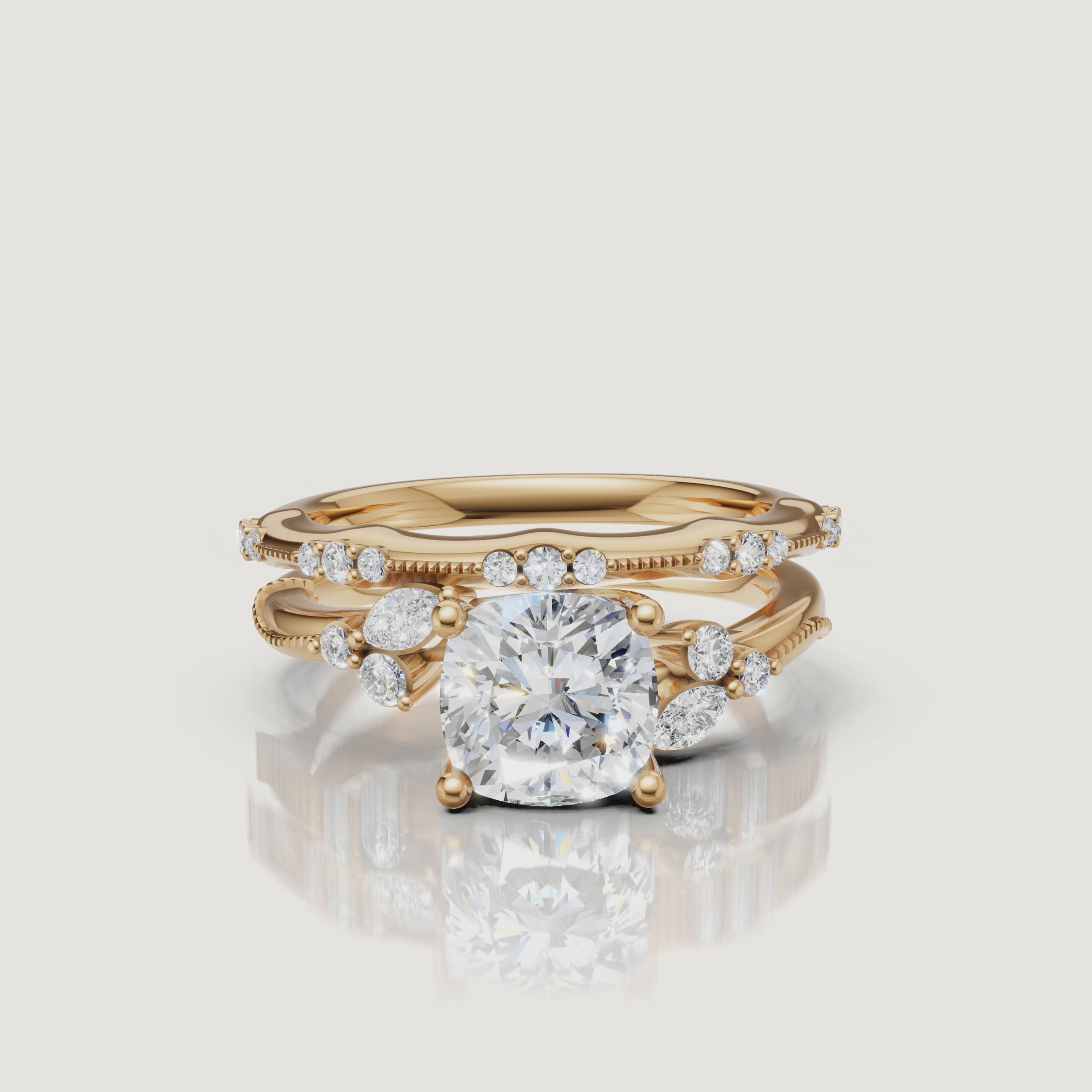 Yellow Gold Cushion Cut Lab Grown Diamond Bridal Set Video by Raul Diamonds