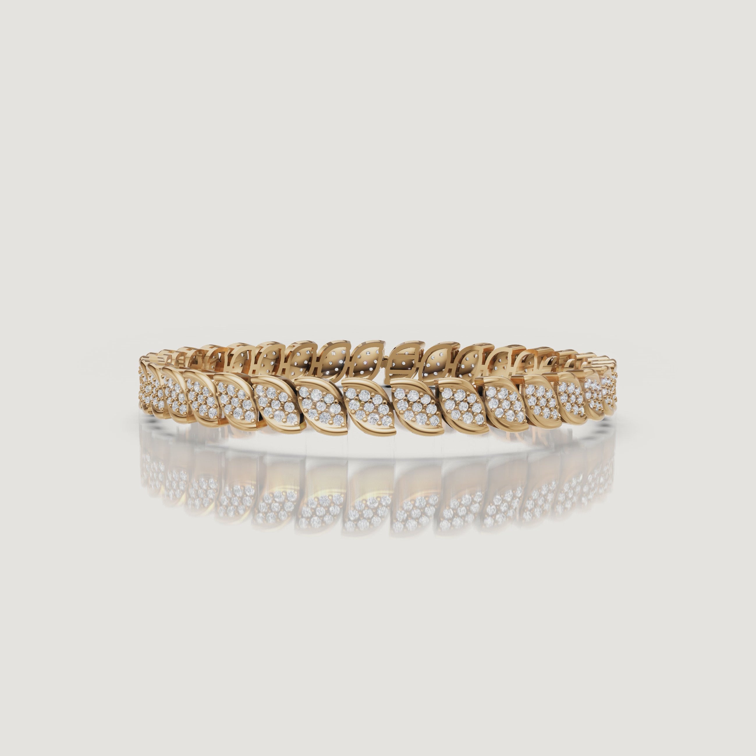 Cinematic yellow gold leaf diamond bracelet video by Raul Diamonds showcasing sparkling lab grown diamonds, marquise-inspired details, graceful wrist movement, and premium luxury jewelry close-ups