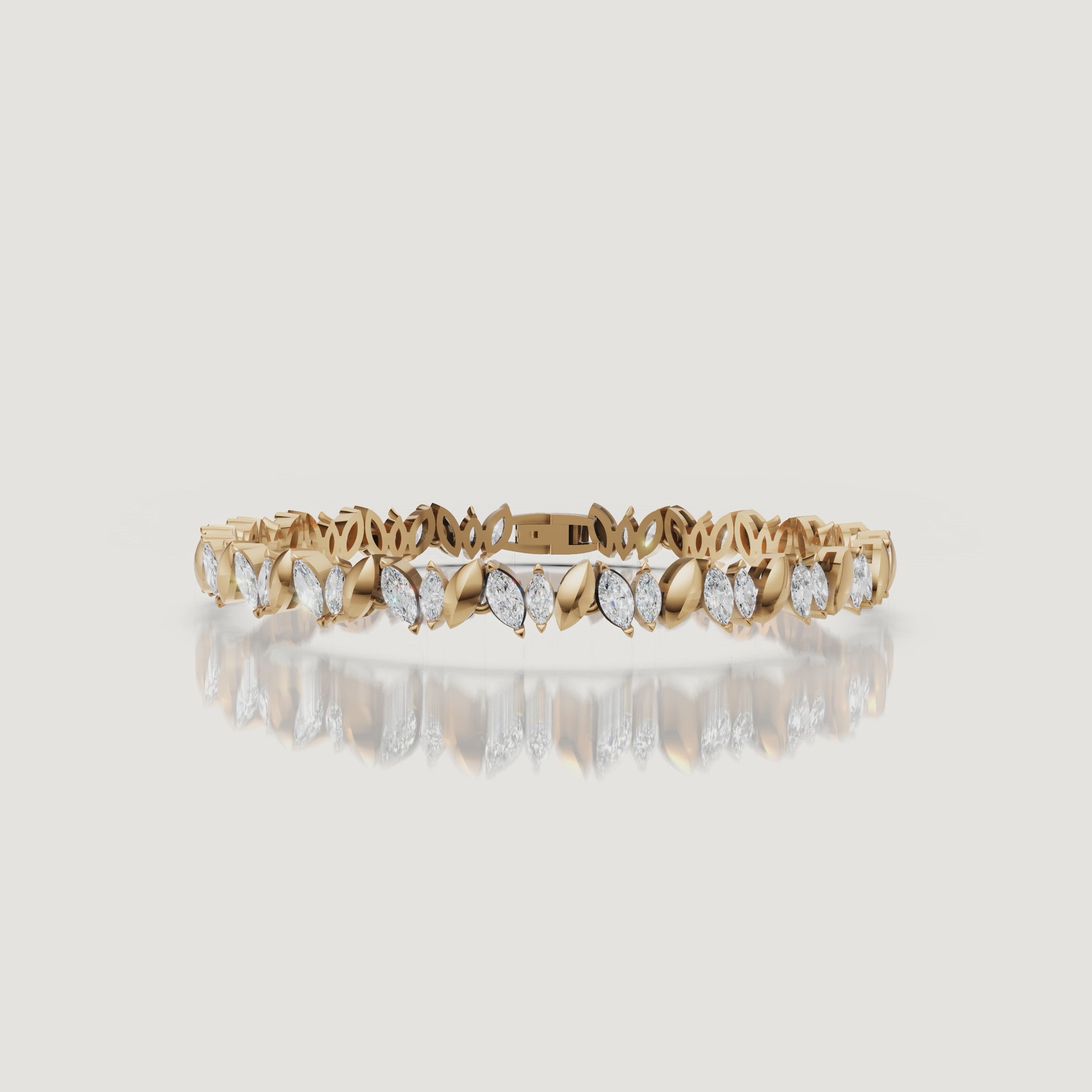 Luxury yellow gold marquise diamond bracelet video by Raul Diamonds with sparkling lab grown diamonds, elegant movement, premium fine jewelry styling, and cinematic close-up details