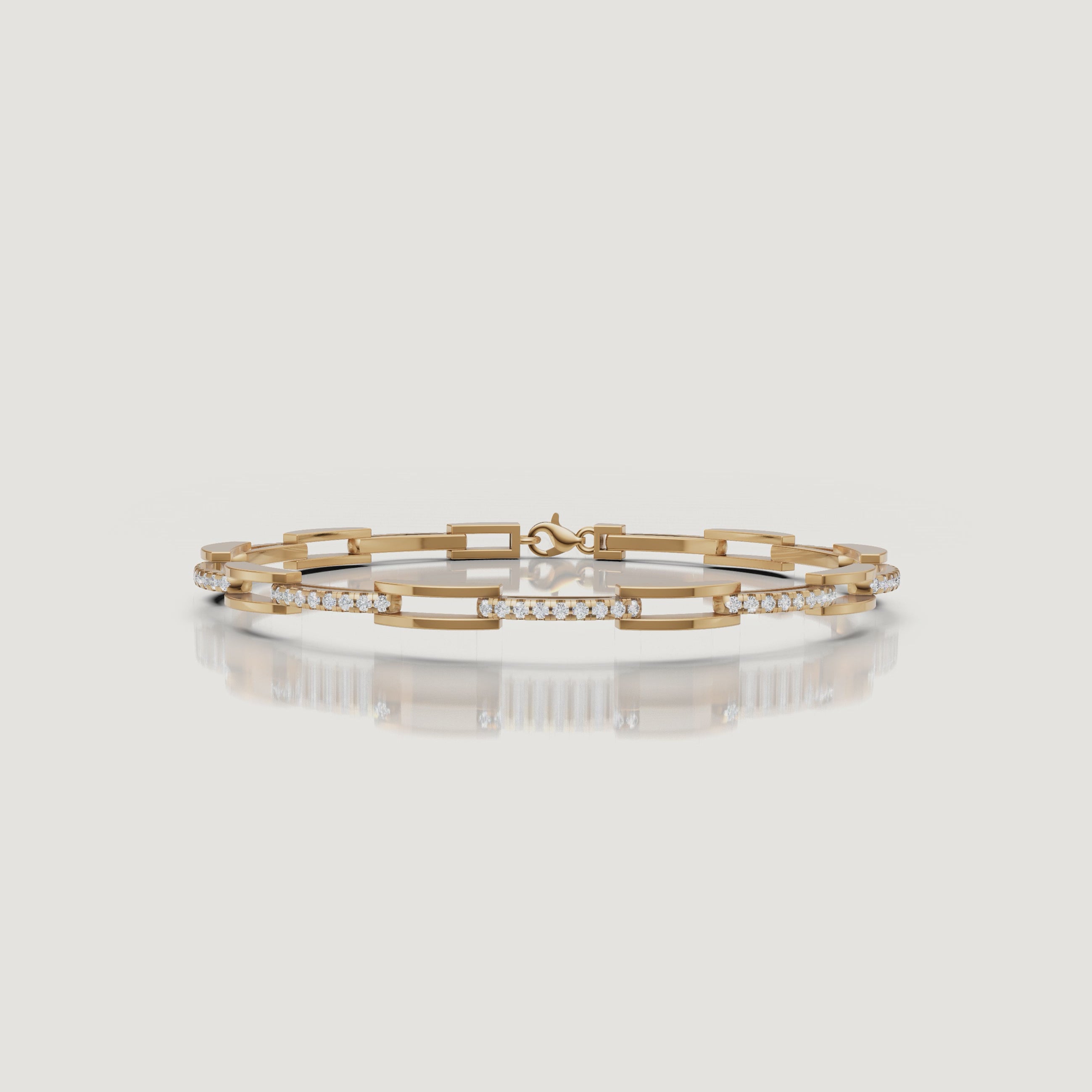 Luxury yellow gold geometric diamond bracelet video by Raul Diamonds with brilliant lab grown diamond sparkle, elegant wrist movement, cinematic macro close-ups, and premium fine jewelry aesthetics