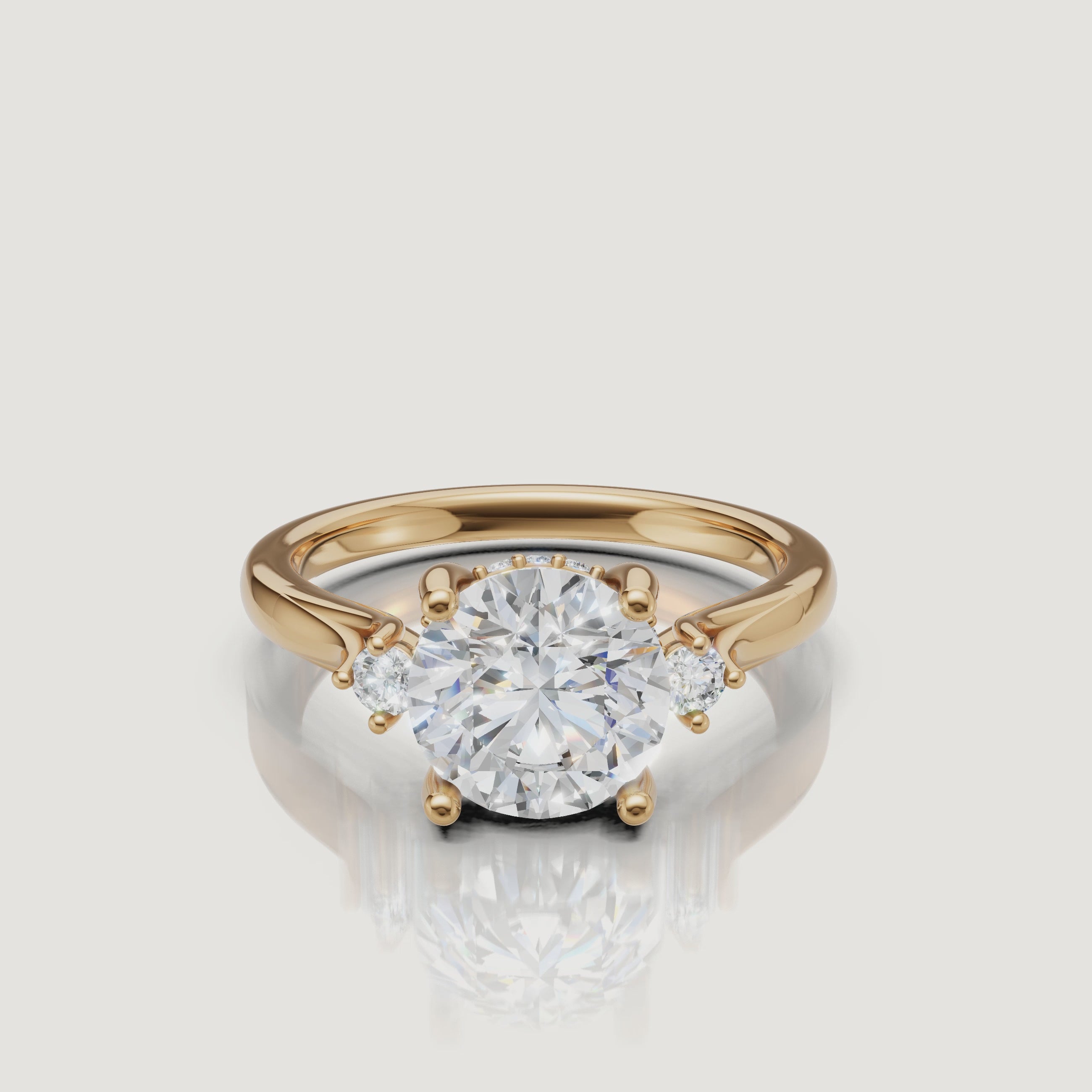 14K yellow gold round cut lab grown diamond engagement ring with round side stones by Raul Diamonds