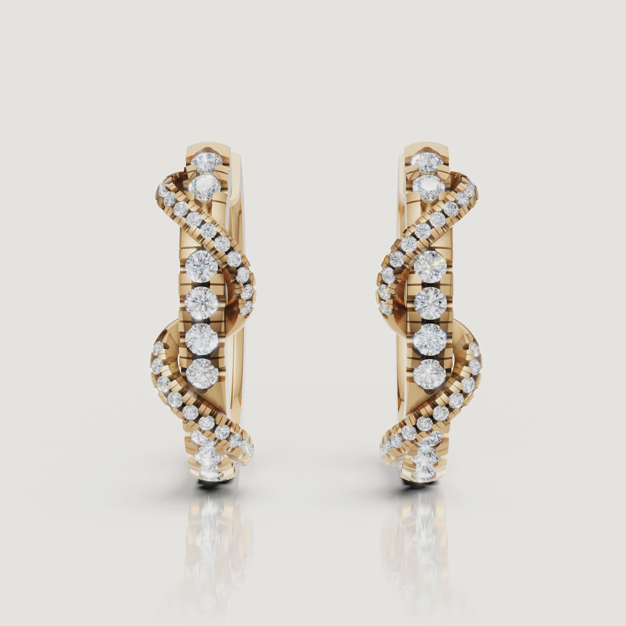 Yellow gold diamond swirl hoop earrings cinematic jewelry video by Raul Diamonds