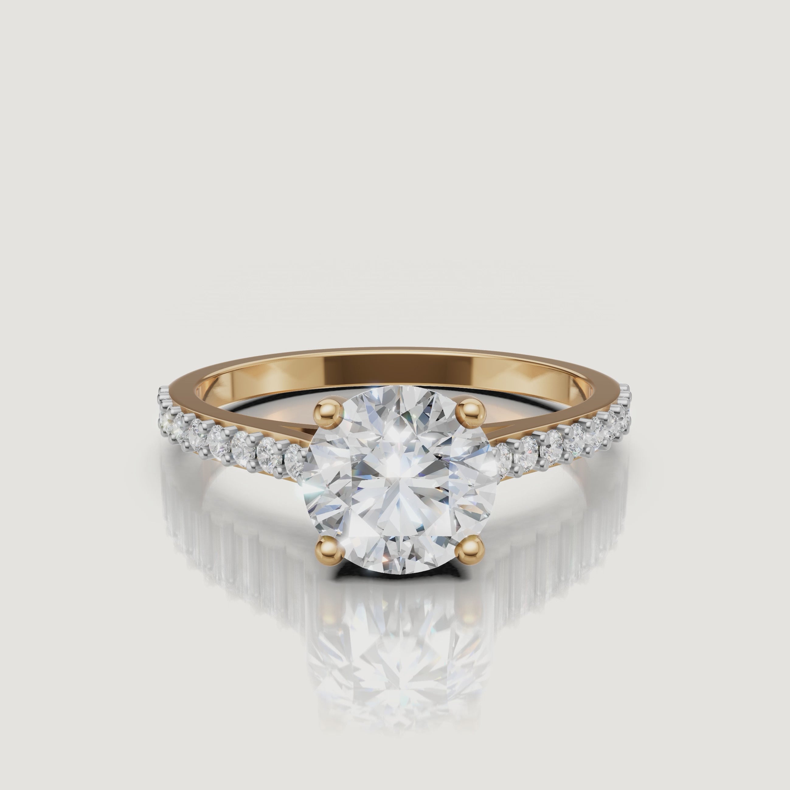 360 video of Raul Diamonds yellow gold round solitaire diamond ring with pavé diamond band.