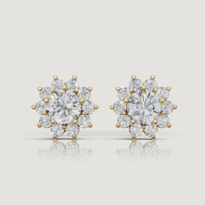 Yellow gold floral halo diamond earrings cinematic jewelry video by Raul Diamonds