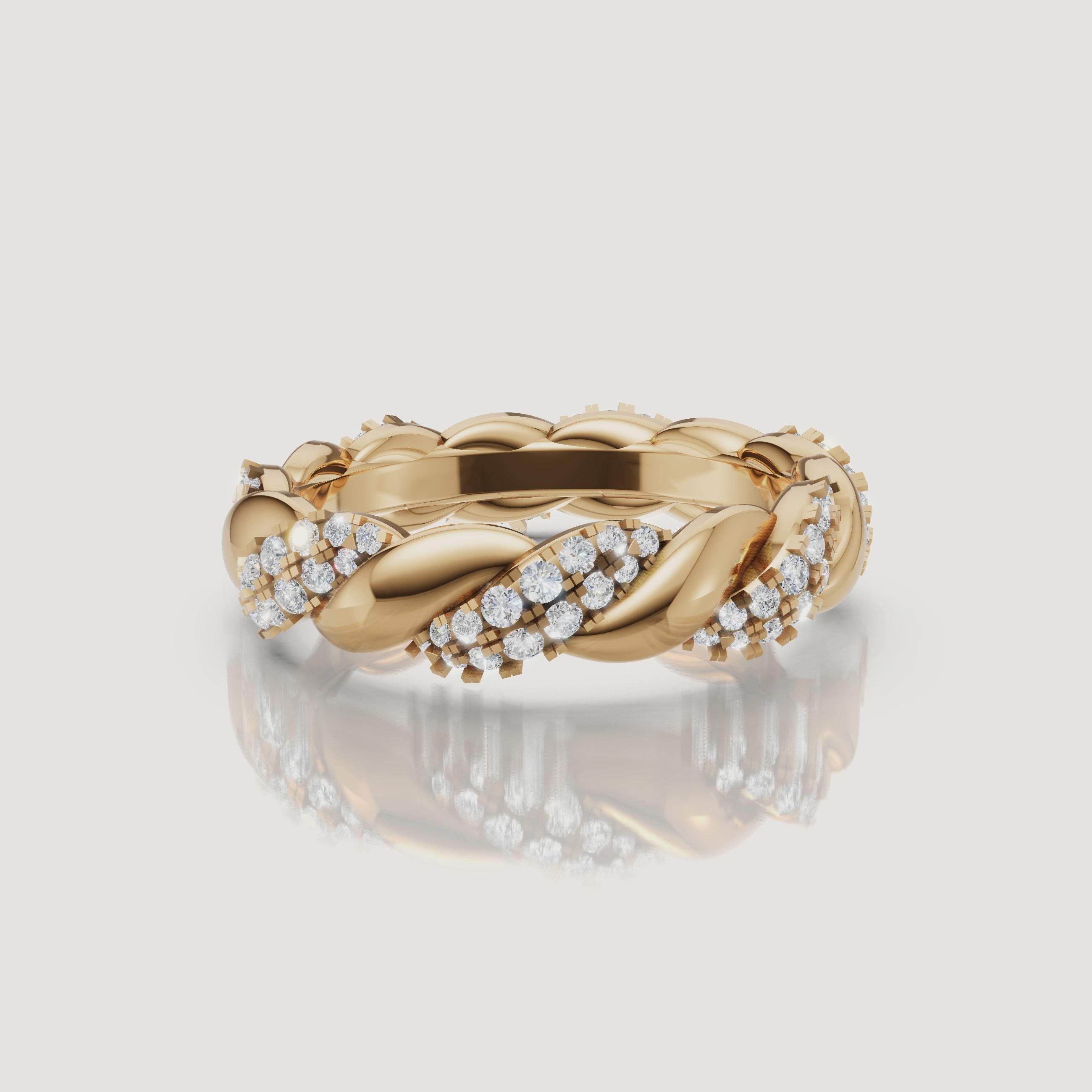 360 view video of Raul Diamonds yellow gold braided diamond wedding band with pavé round diamonds and luxury woven design