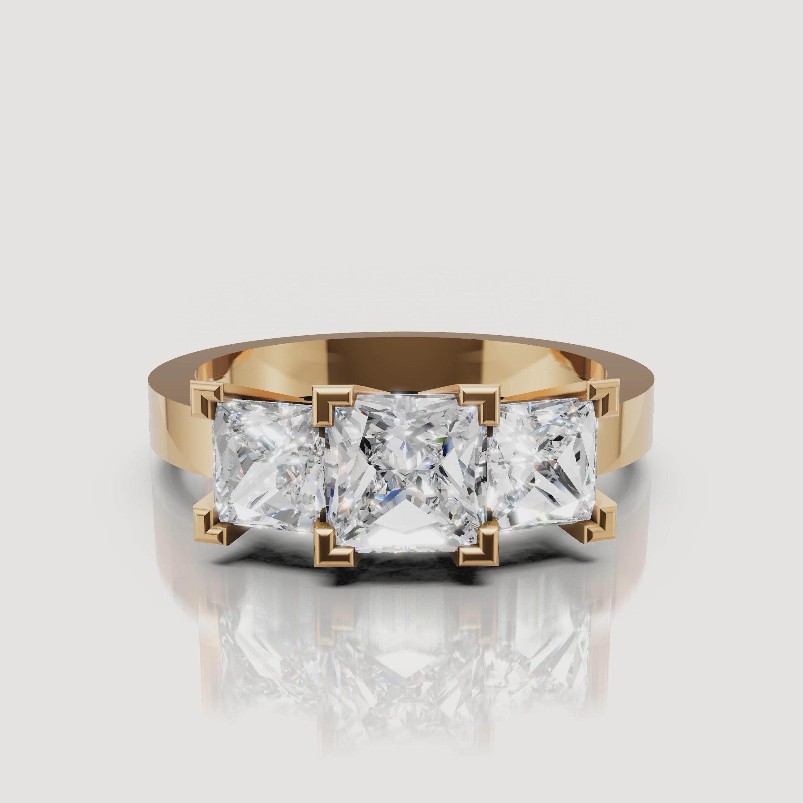 360 video of Raul Diamonds yellow gold princess cut three stone diamond engagement ring with polished band