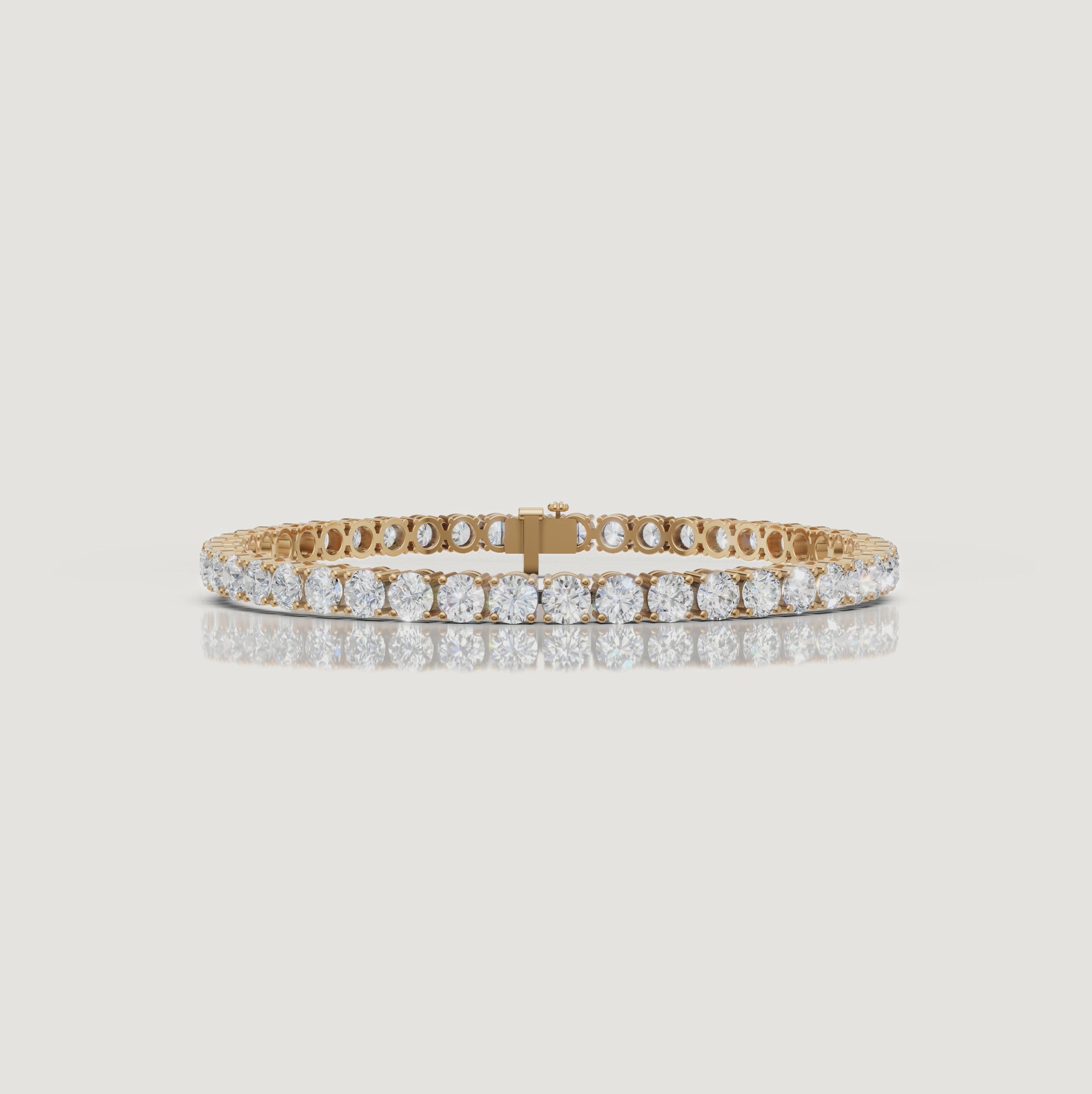 Cinematic video of an 8 carat lab grown diamond tennis bracelet in 14K yellow gold by Raul Diamonds featuring round brilliant diamonds, macro sparkle close-ups, graceful wrist movement, warm luxury lighting, and premium fine jewelry craftsmanship.