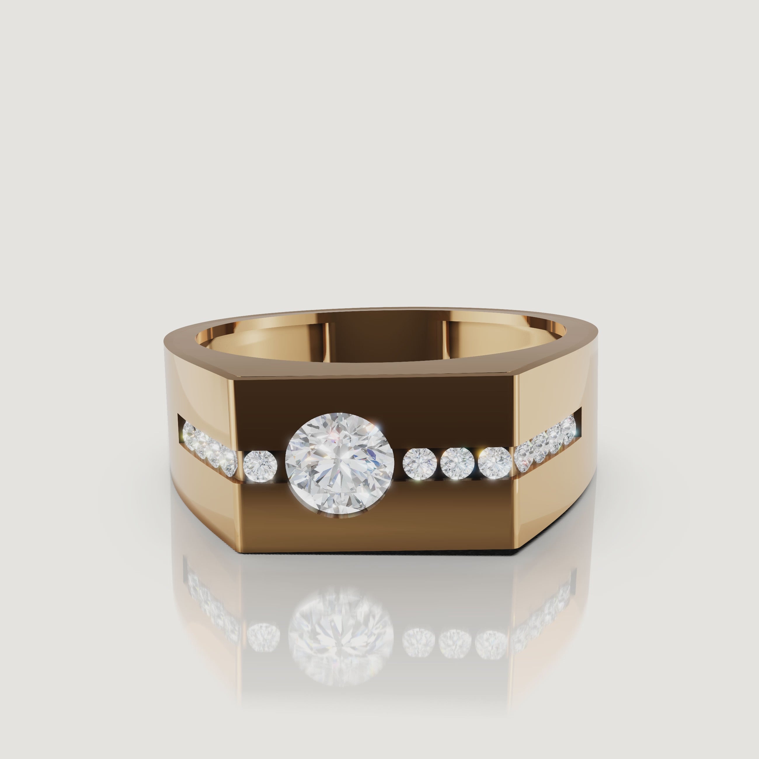Rotating view of Raul Diamonds yellow gold men’s diamond wedding band with round center diamond and side channel diamonds