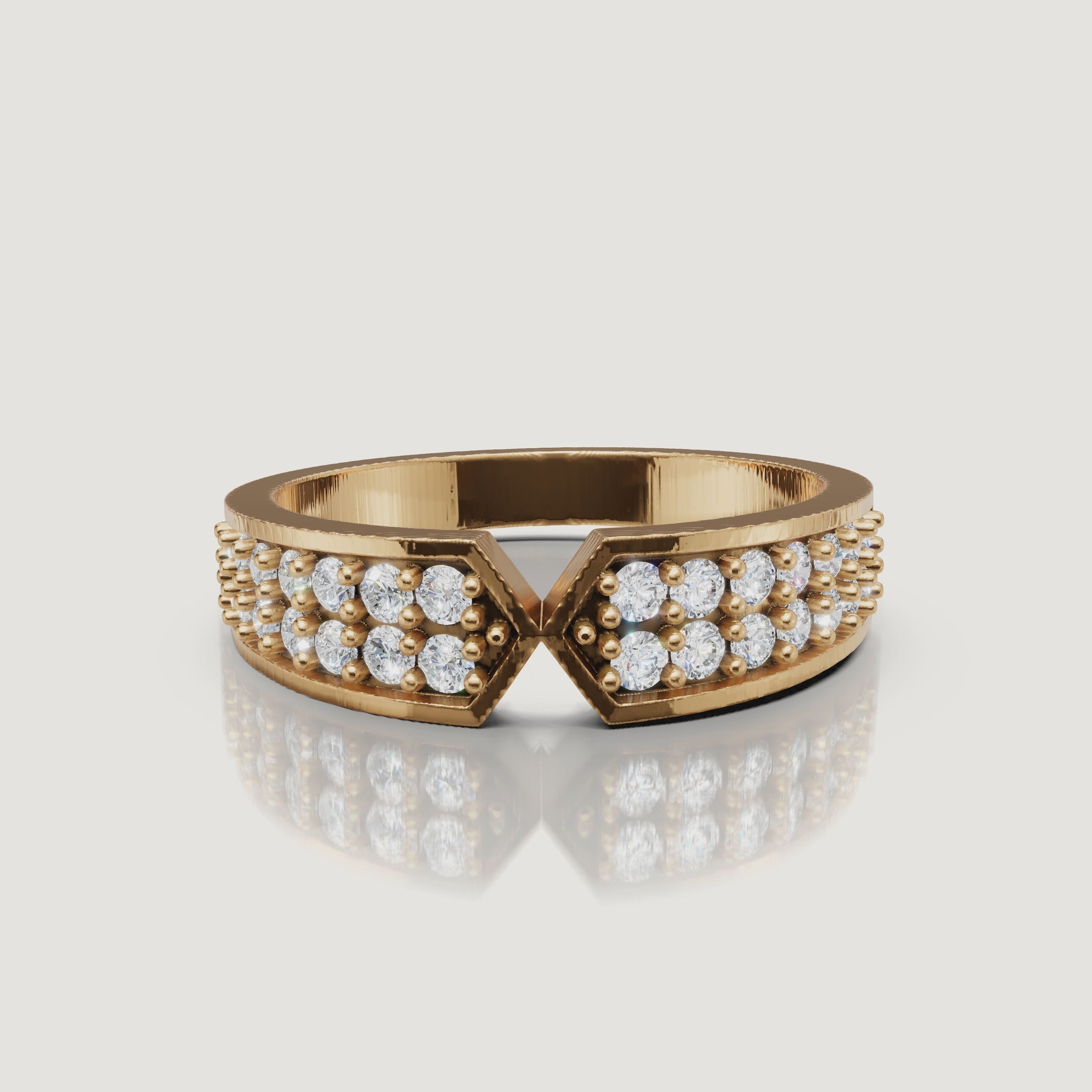 360 rotating video of Raul Diamonds yellow gold geometric diamond wedding band with pavé detailing