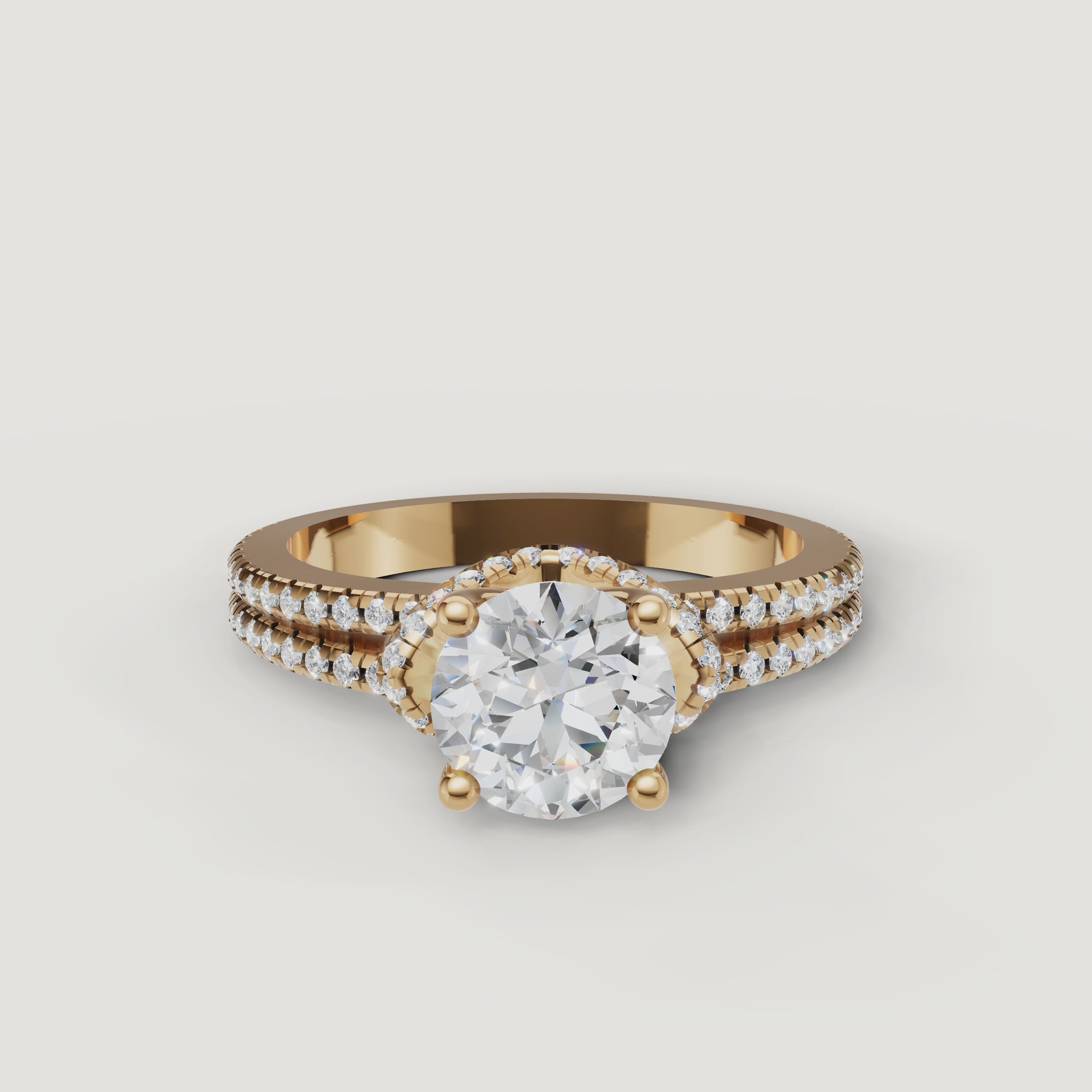 Rotating video of Raul Diamonds yellow gold round solitaire engagement ring with pave split shank.