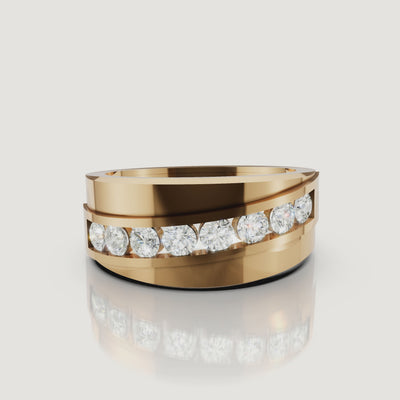 Rotating video of Raul Diamonds yellow gold men’s wedding band with brilliant channel set round diamonds