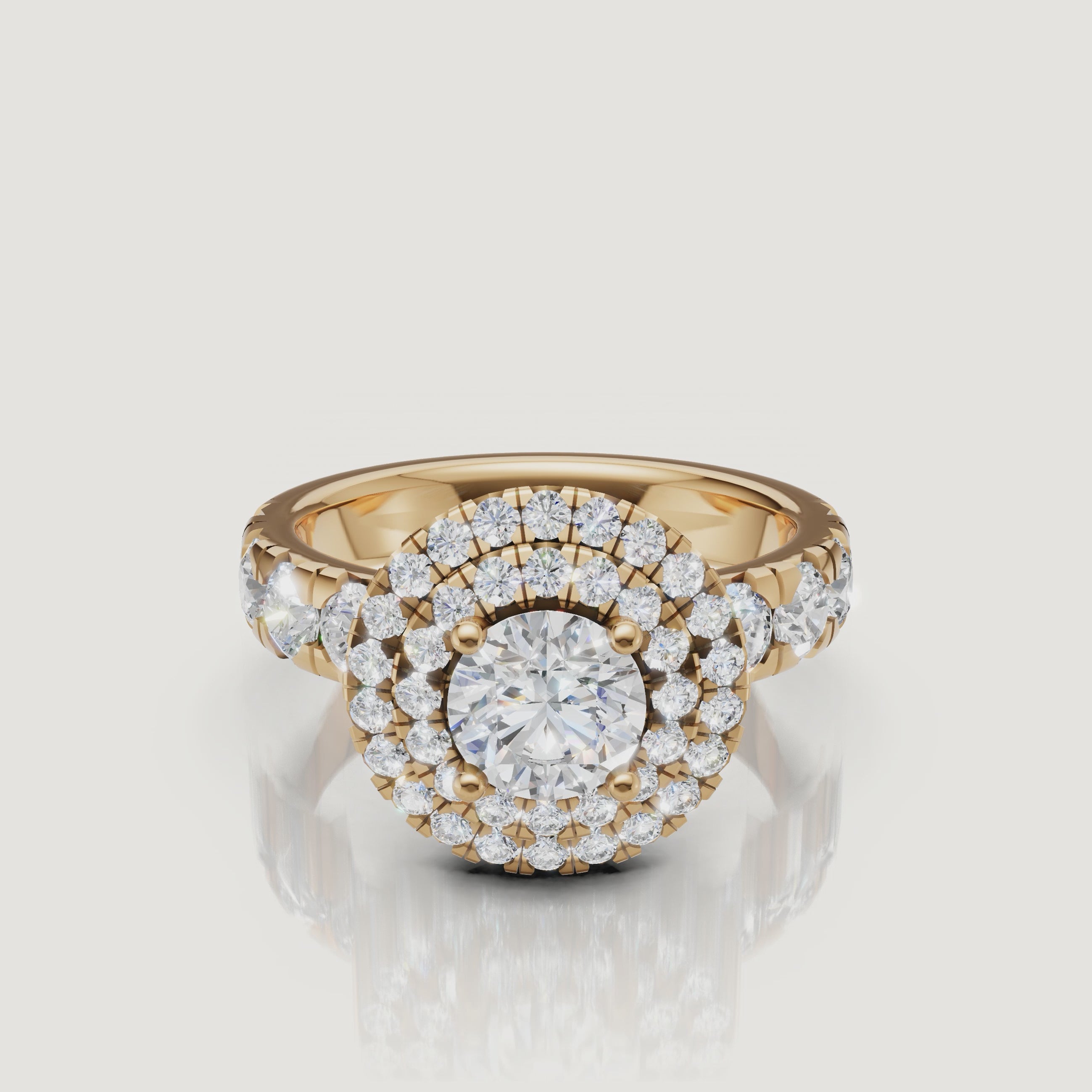 360 video of Raul Diamonds yellow gold round halo diamond engagement ring with pavé band