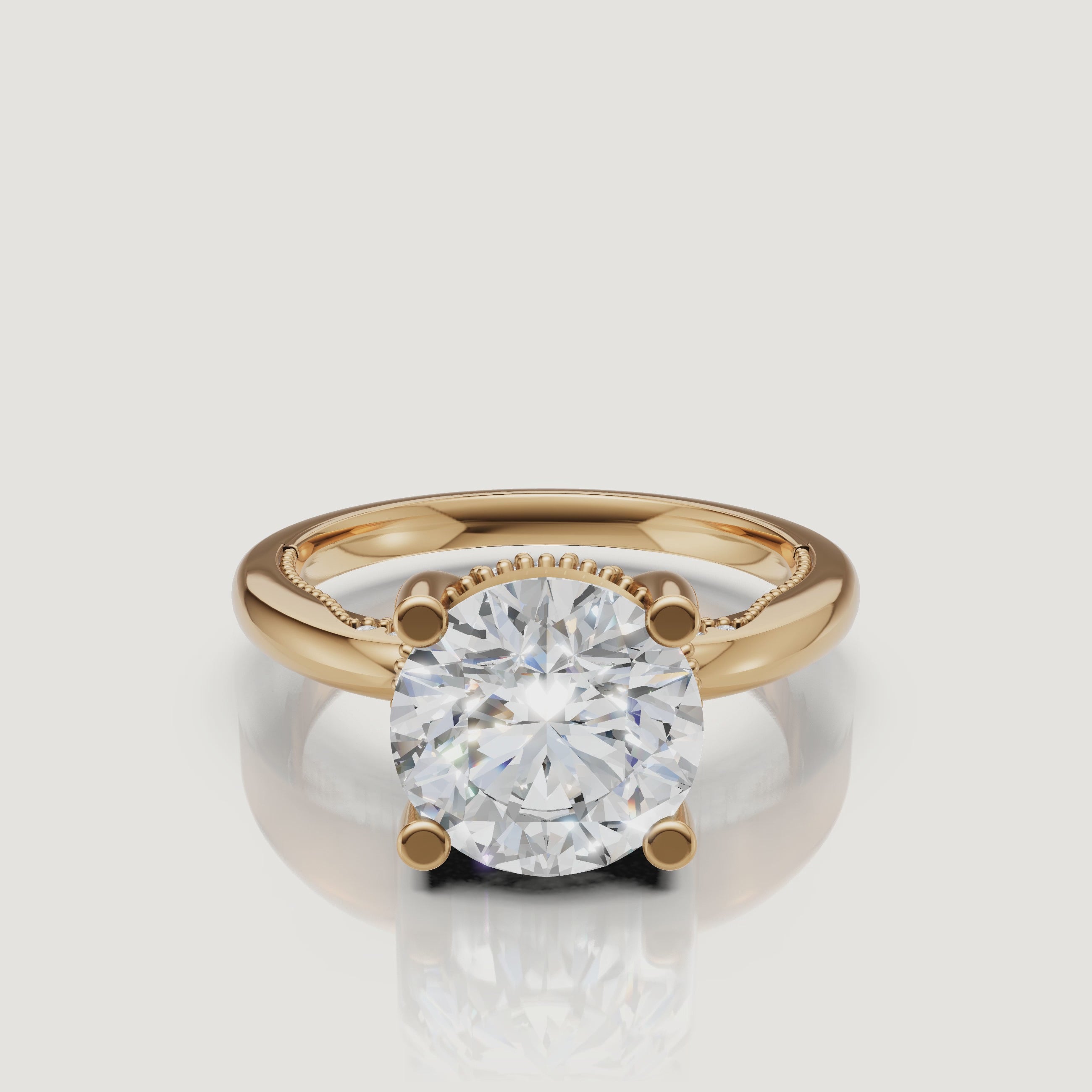 Cinematic 4K video of a Raul Diamonds round brilliant ring in yellow gold, demonstrating the high-intensity light return and warm 18k gold glow