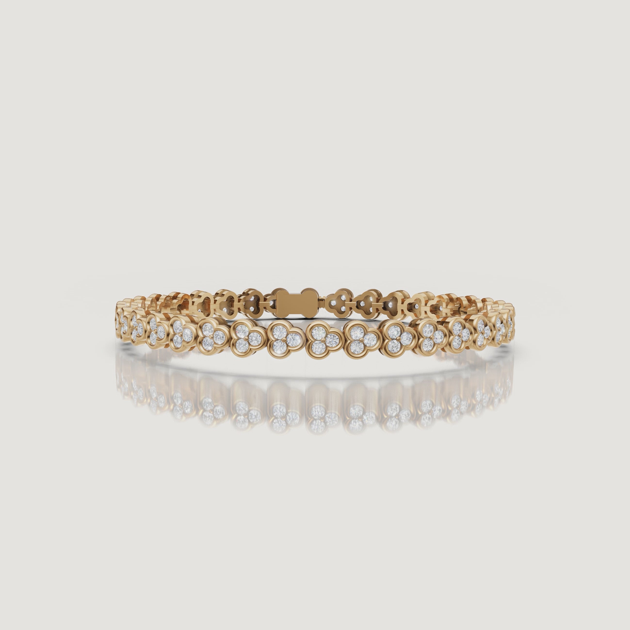 Luxury yellow gold floral diamond bracelet video by Raul Diamonds featuring sparkling lab grown diamonds in a clover-inspired design, elegant wrist movement, cinematic macro close-ups, warm luxury lighting, and premium fine jewelry styling for a timeless sophisticated look