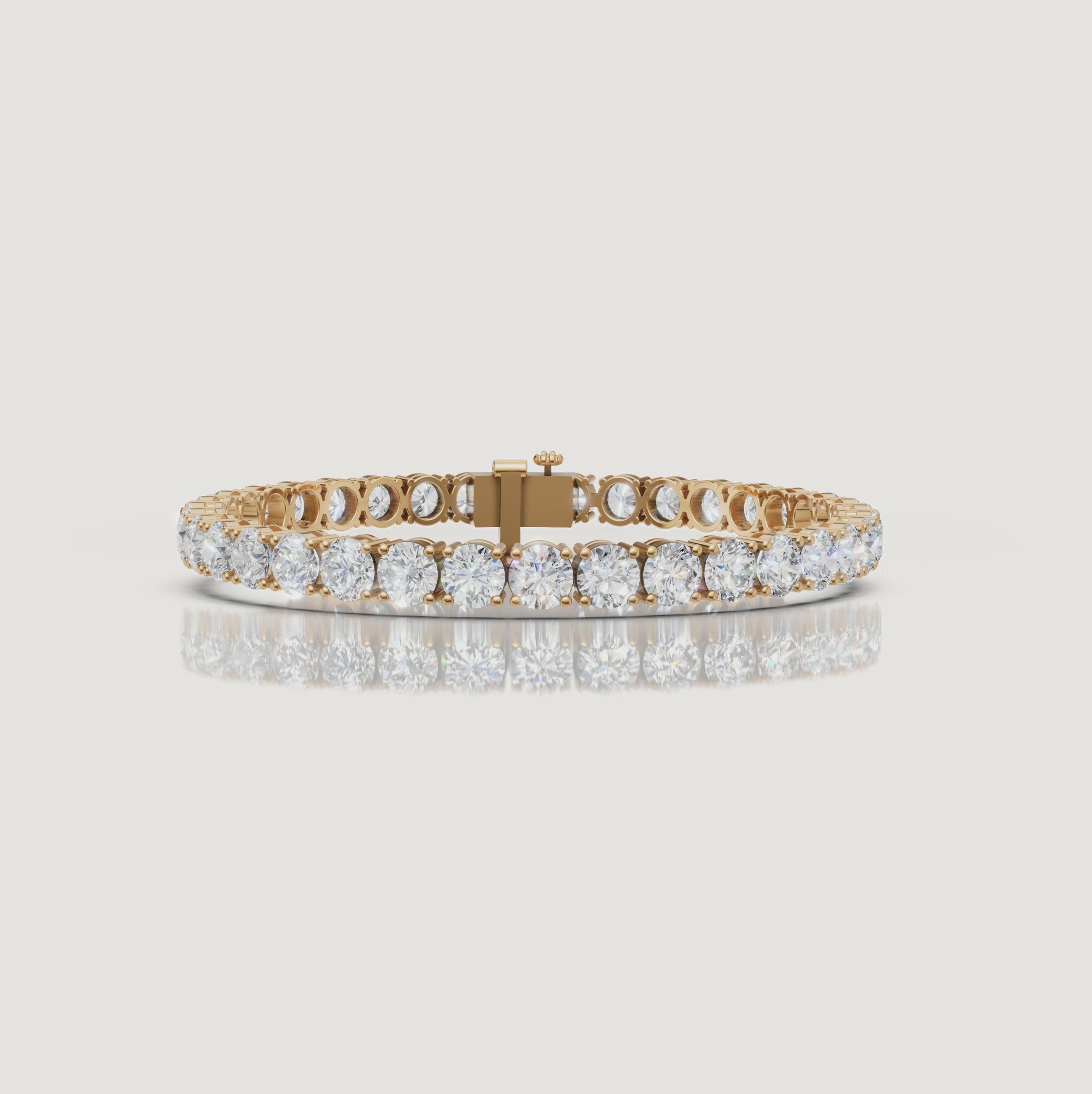 Cinematic video of a 14 carat lab grown diamond tennis bracelet in 14K yellow gold by Raul Diamonds featuring round brilliant diamonds, luxury macro close-ups, radiant sparkle, graceful wrist movement, warm studio lighting, and premium fine jewelry craftsmanship.