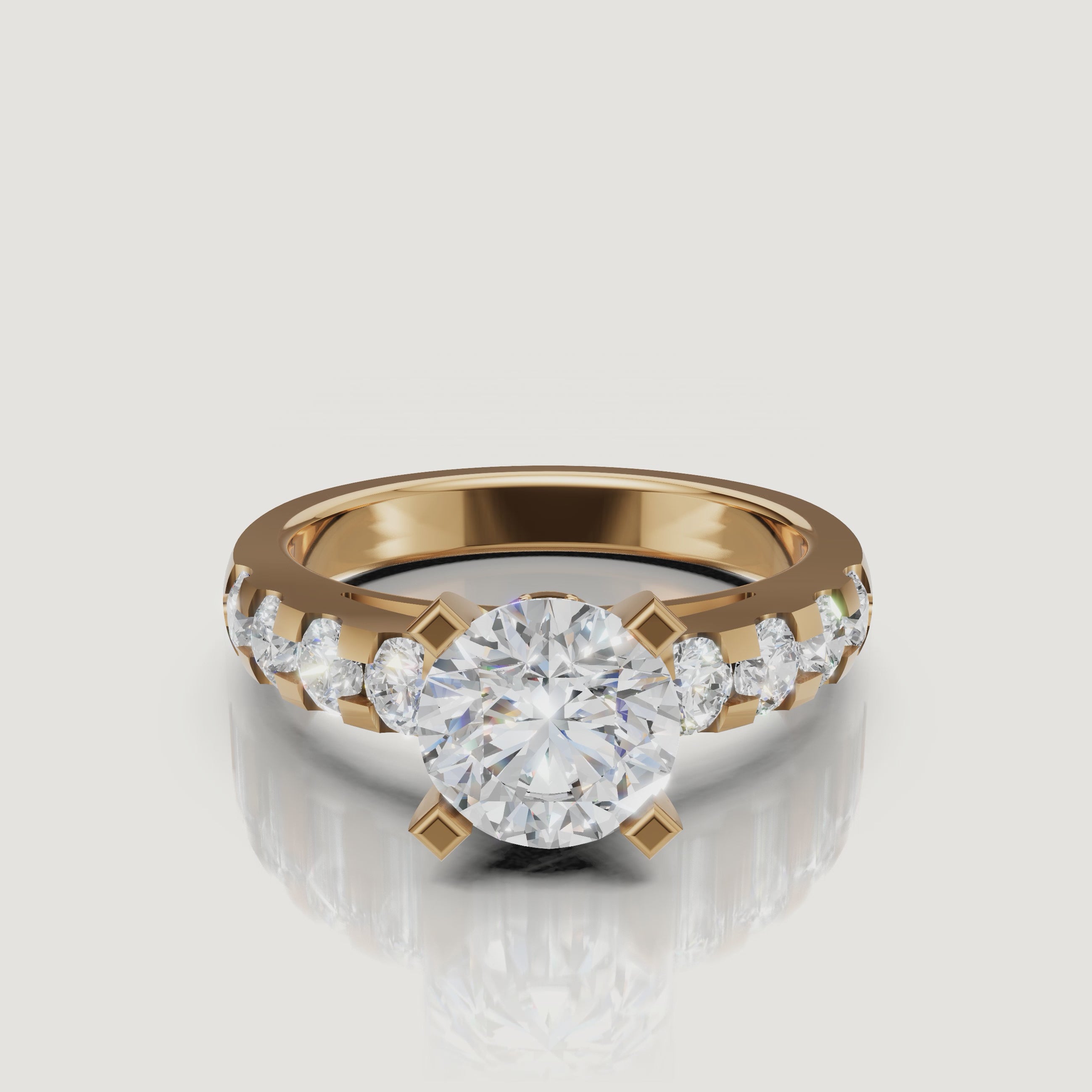 360 video of the Seo yellow gold round diamond engagement ring with pavé band by Raul Diamonds.