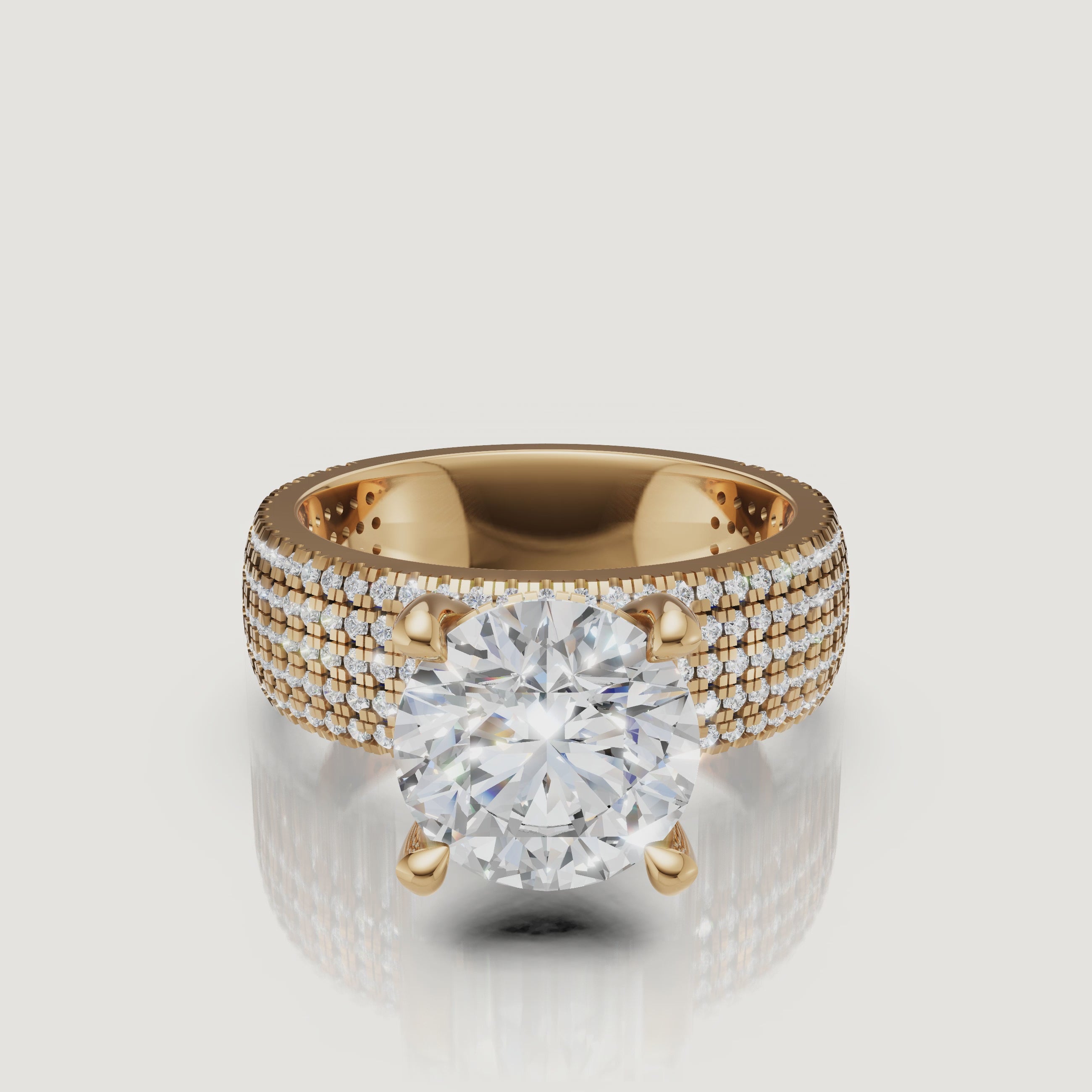 Yellow gold round cut lab grown diamond engagement ring video featuring multi row pavé sparkle and luxury bridal elegance by Raul Diamonds