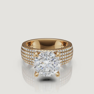 Yellow gold round cut lab grown diamond engagement ring video featuring multi row pavé sparkle and luxury bridal elegance by Raul Diamonds