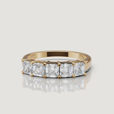 Raul Diamonds yellow gold Asscher cut diamond wedding band video with five stone luxury design