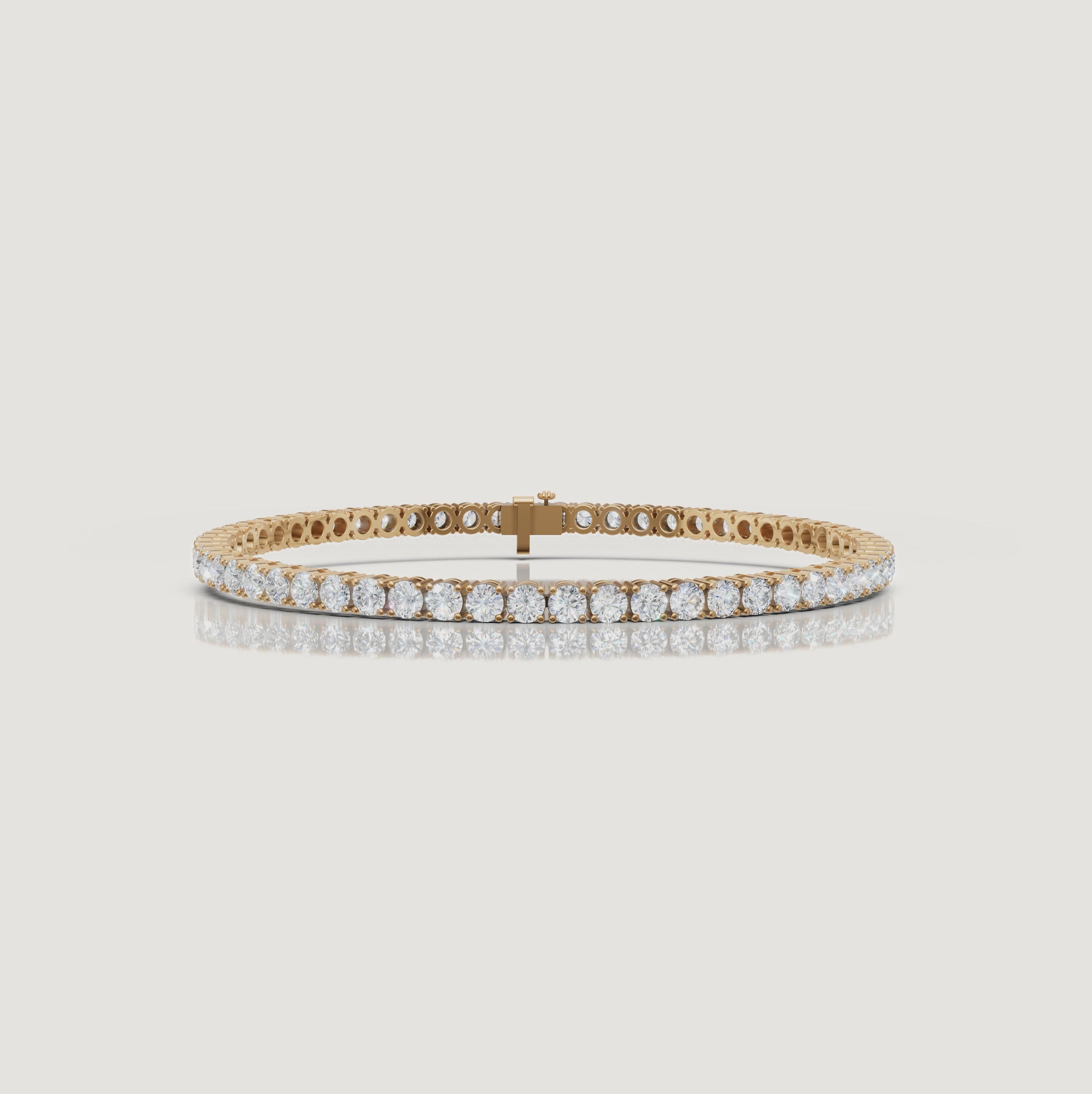 Cinematic video of a 5 carat lab grown diamond tennis bracelet in yellow gold by Raul Diamonds featuring macro diamond sparkle, graceful wrist movement, warm luxury lighting, and premium fine jewelry styling for modern women.
