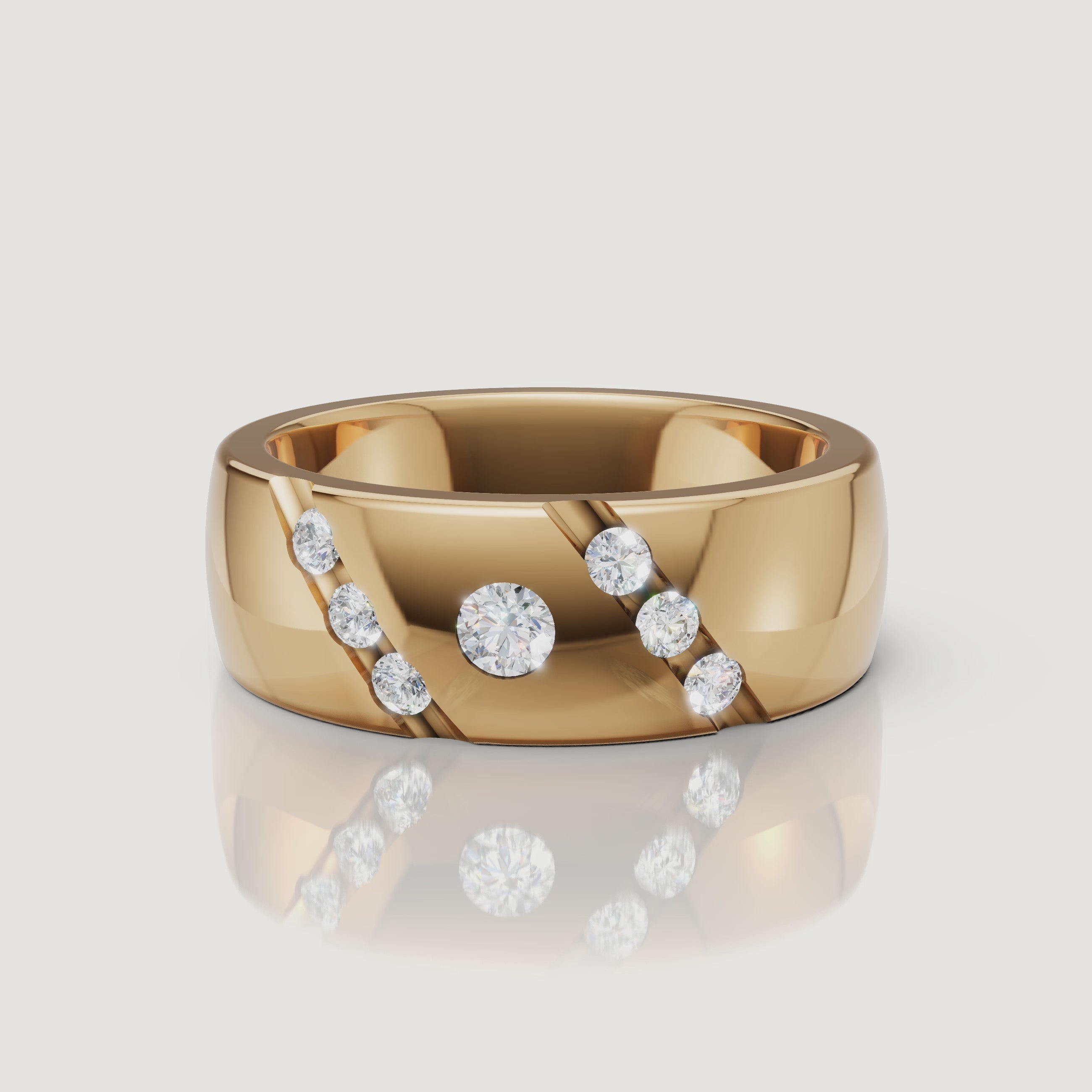 360 rotating video of Raul Diamonds yellow gold diamond wedding band with scattered round diamonds