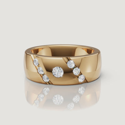 360 rotating video of Raul Diamonds yellow gold diamond wedding band with scattered round diamonds