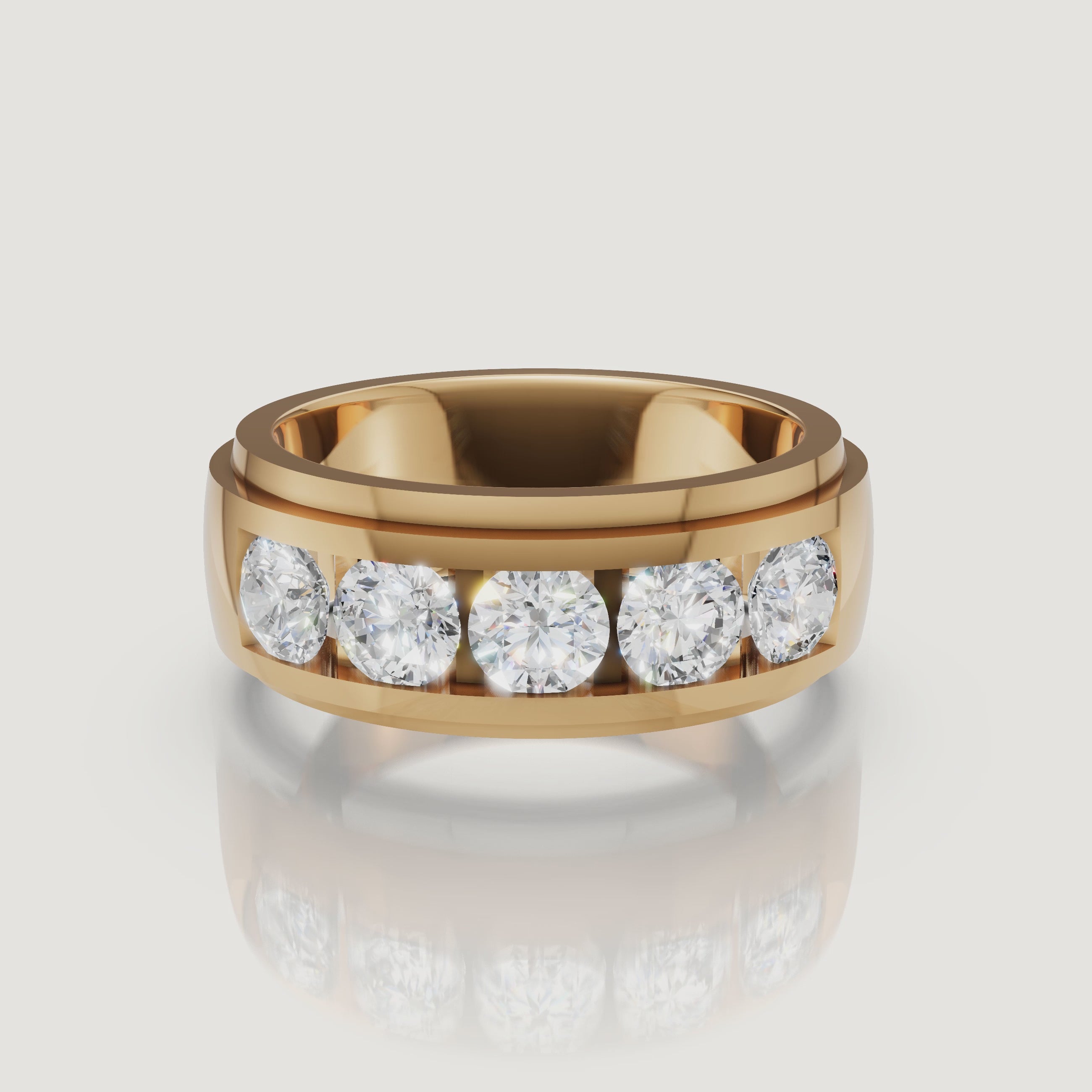 360 rotating video of Raul Diamonds yellow gold five stone diamond wedding band with polished finish