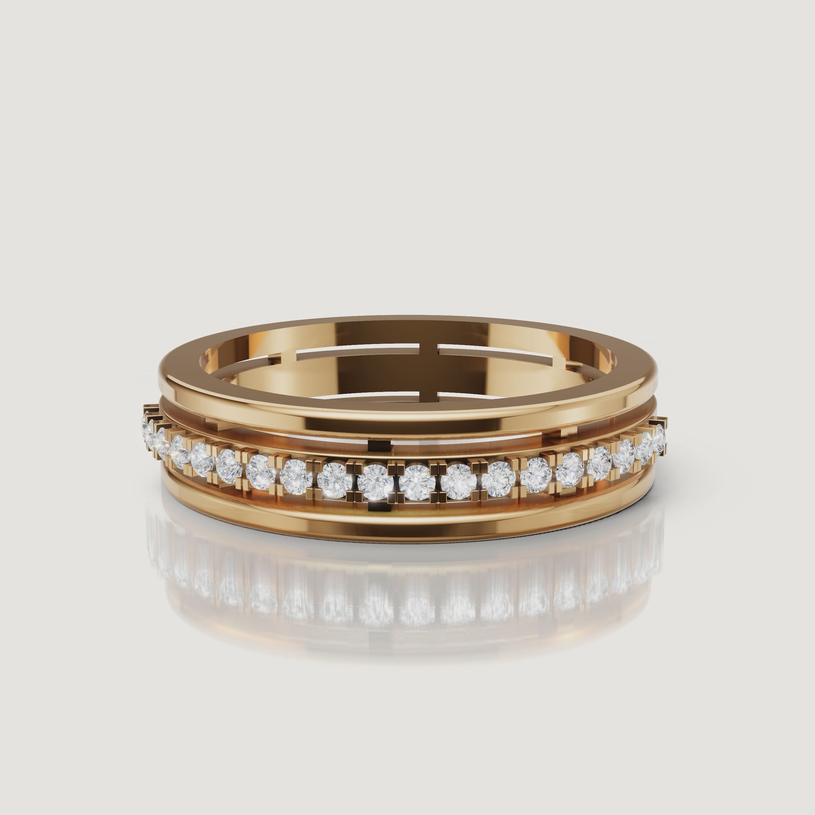 Yellow gold diamond eternity wedding band video with floating round diamonds by Raul Diamonds