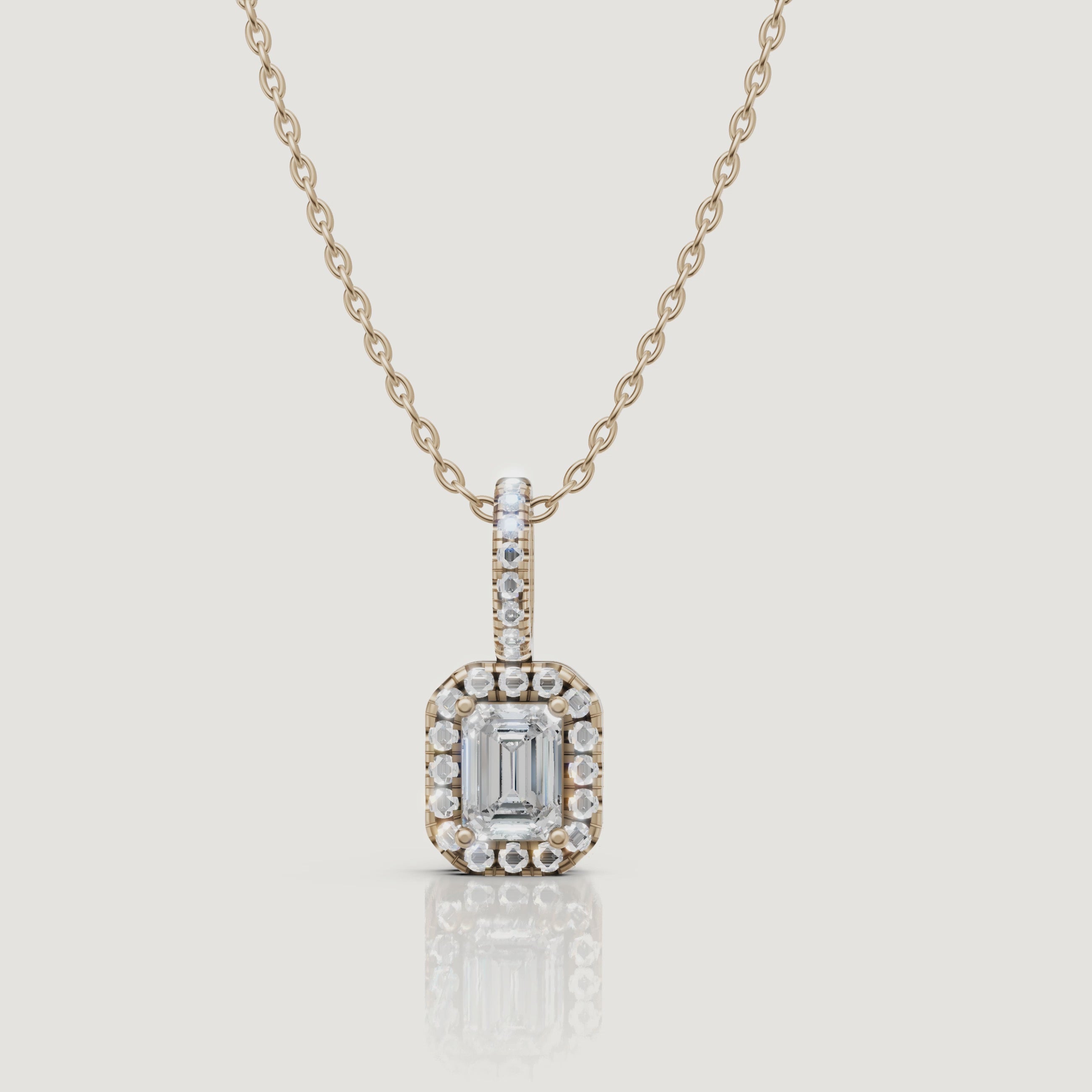 Yellow Gold Emerald Cut Lab Grown Diamond Halo Pendant Necklace Video by Raul Diamonds