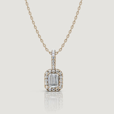 Yellow Gold Emerald Cut Lab Grown Diamond Halo Pendant Necklace Video by Raul Diamonds