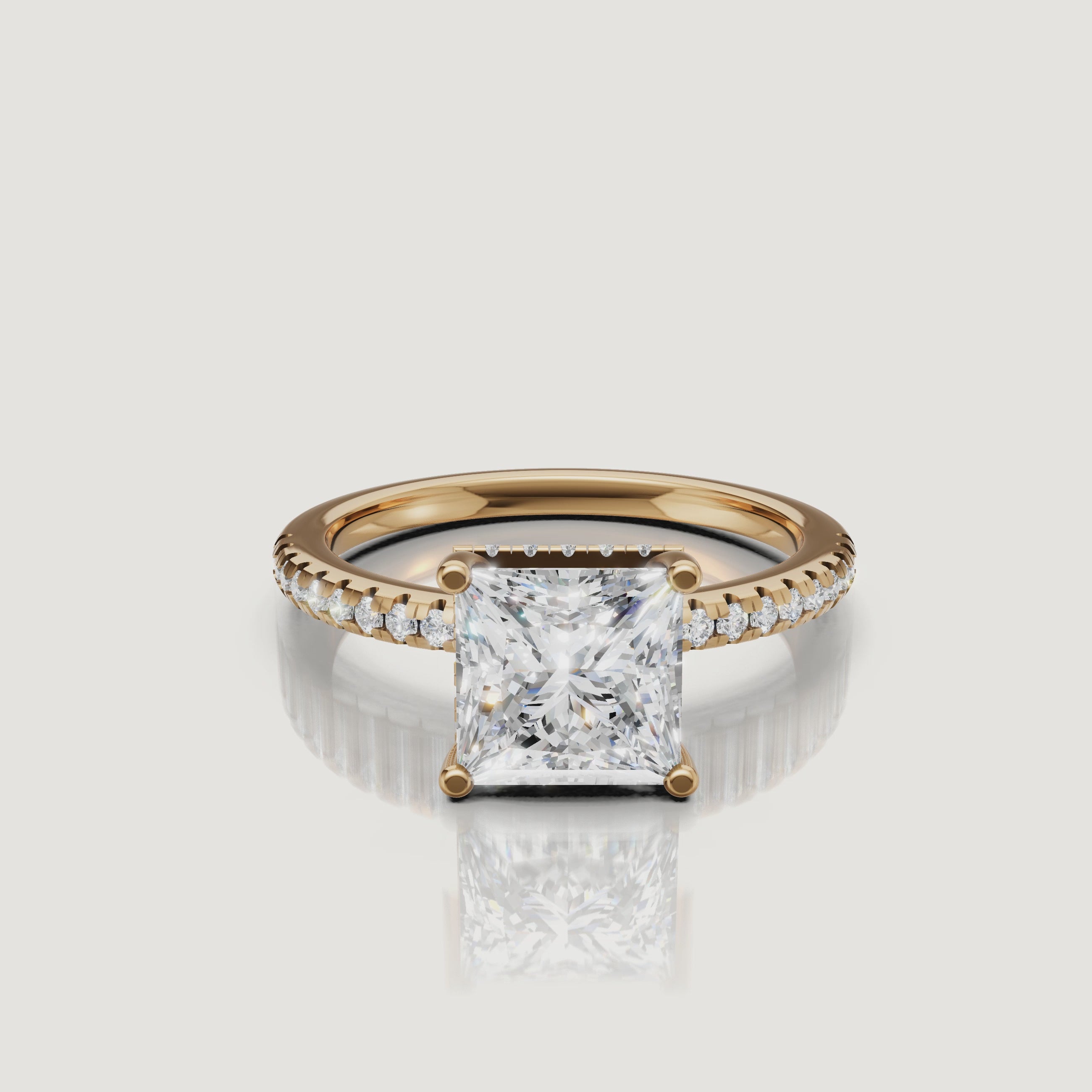 rotating view of princess cut lab grown diamond engagement ring with pavé band