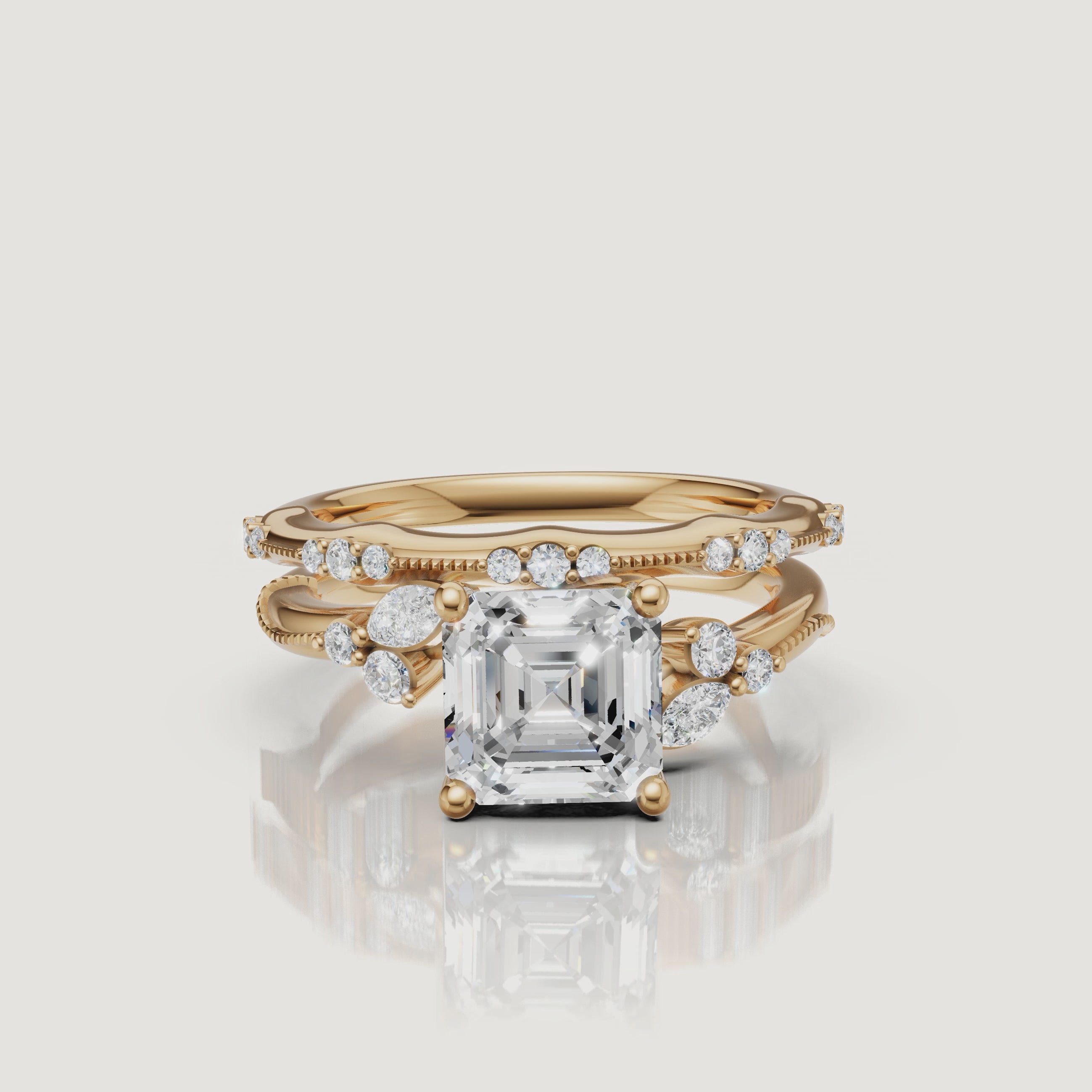 Yellow Gold Asscher Cut Lab Grown Diamond Bridal Set Video by Raul Diamonds