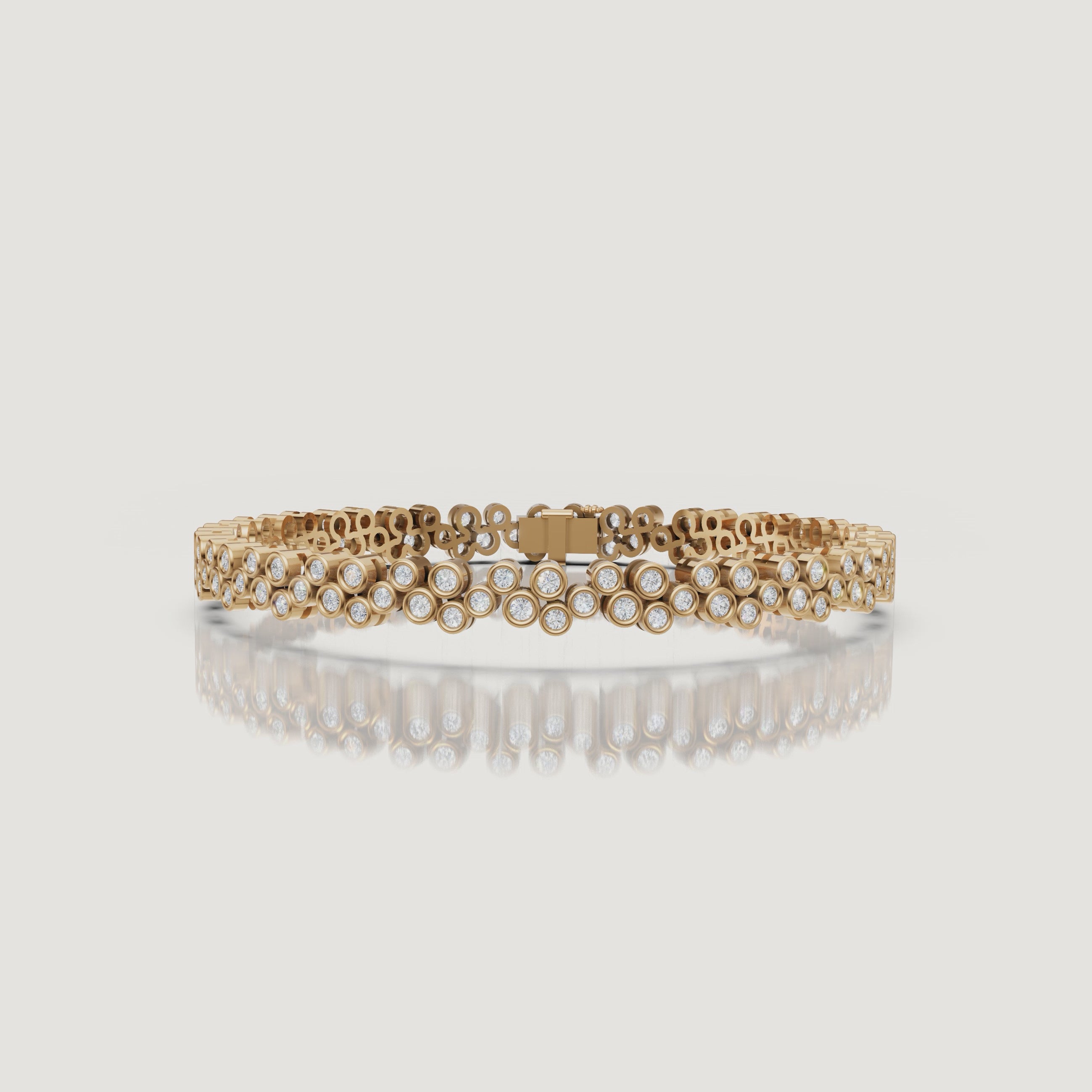 Cinematic yellow gold bezel diamond bracelet video by Raul Diamonds showcasing sparkling lab grown diamonds, graceful wrist movement, luxury close-up details, and timeless fine jewelry elegance