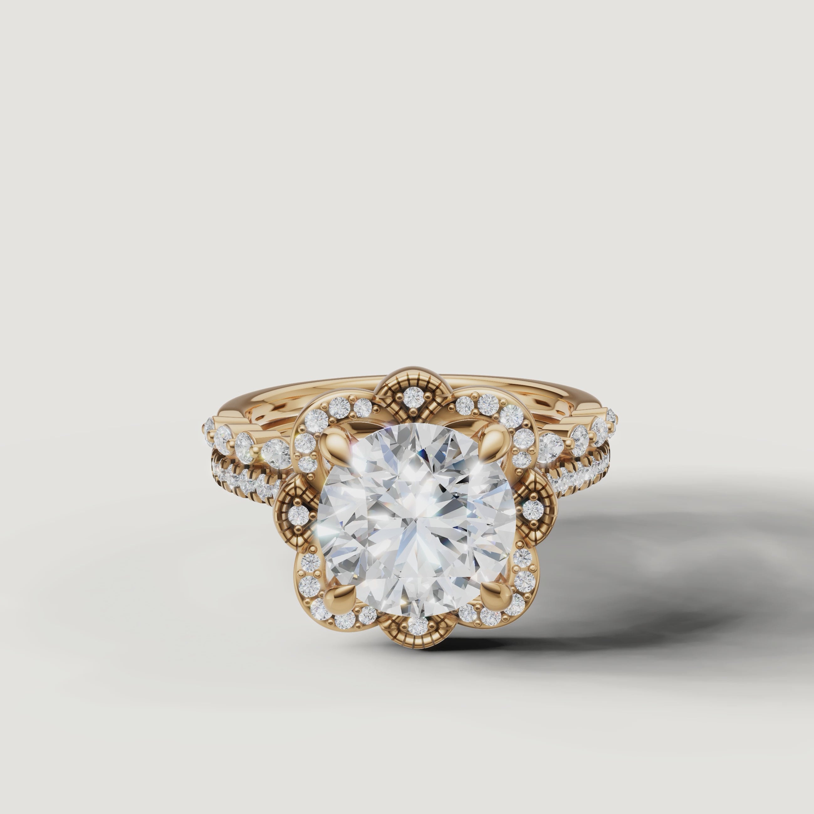 Yellow Gold Round Cut Floral Halo Bridal Set Video by Raul Diamonds