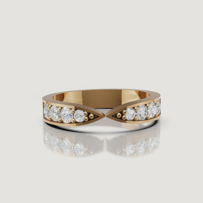 Yellow gold infinity crossover diamond wedding band video by Raul Diamonds with sparkling round diamonds