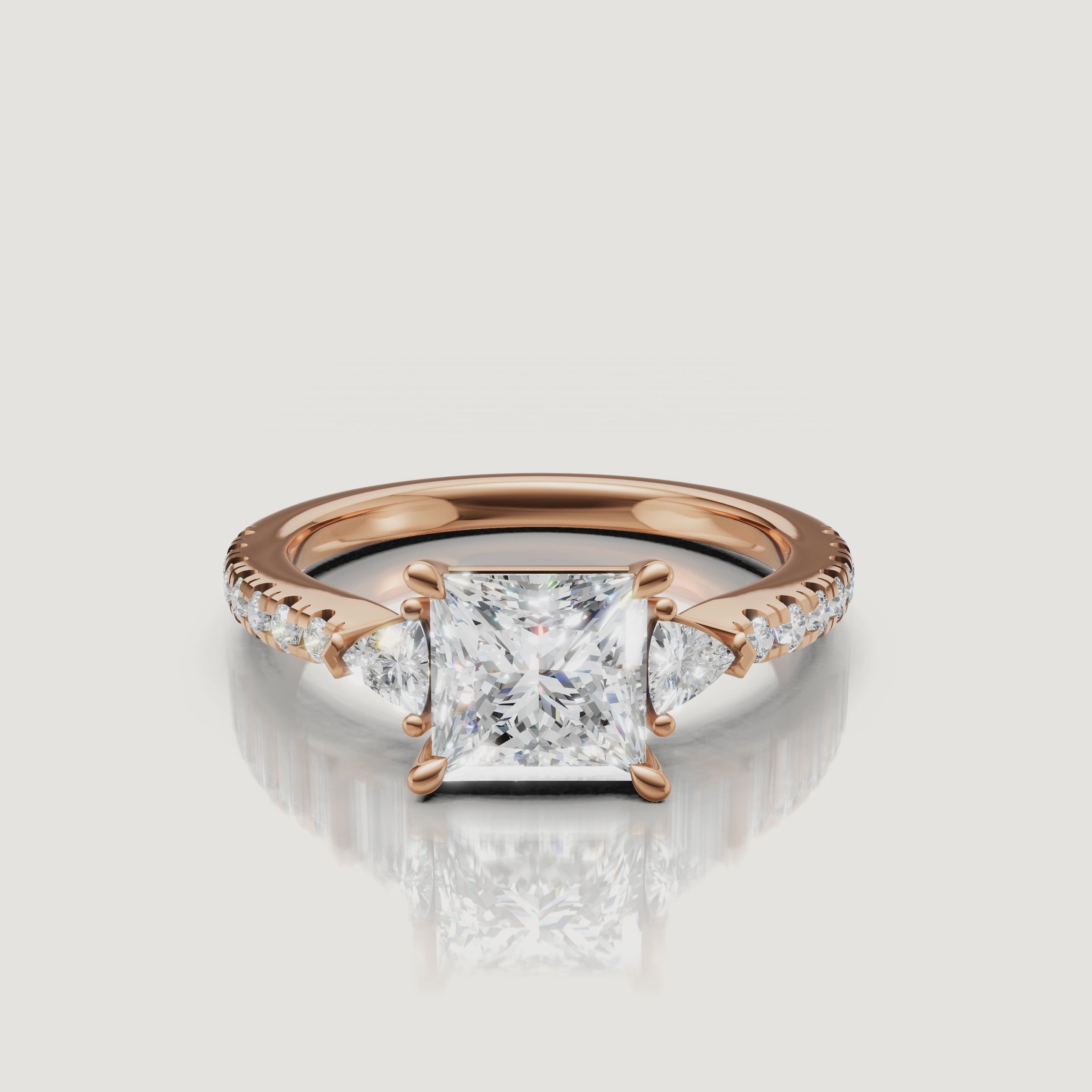Cinematic video showcase of a Rual Diamonds princess-cut diamond engagement ring, capturing the intense light return and the sparkle of the diamond-encrusted pavé band