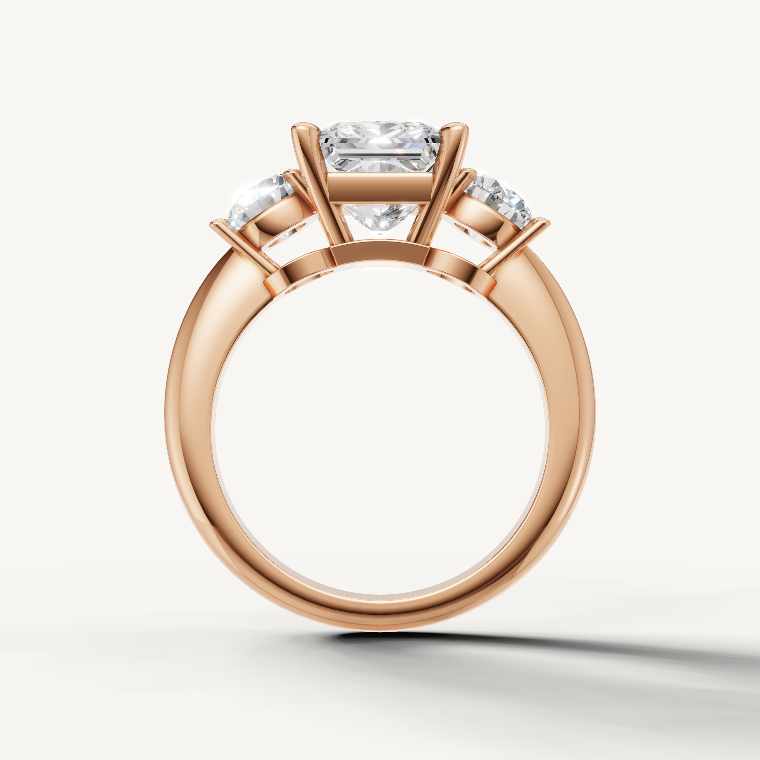 Elegant princess lab grown diamond ring with round side stones rose gold