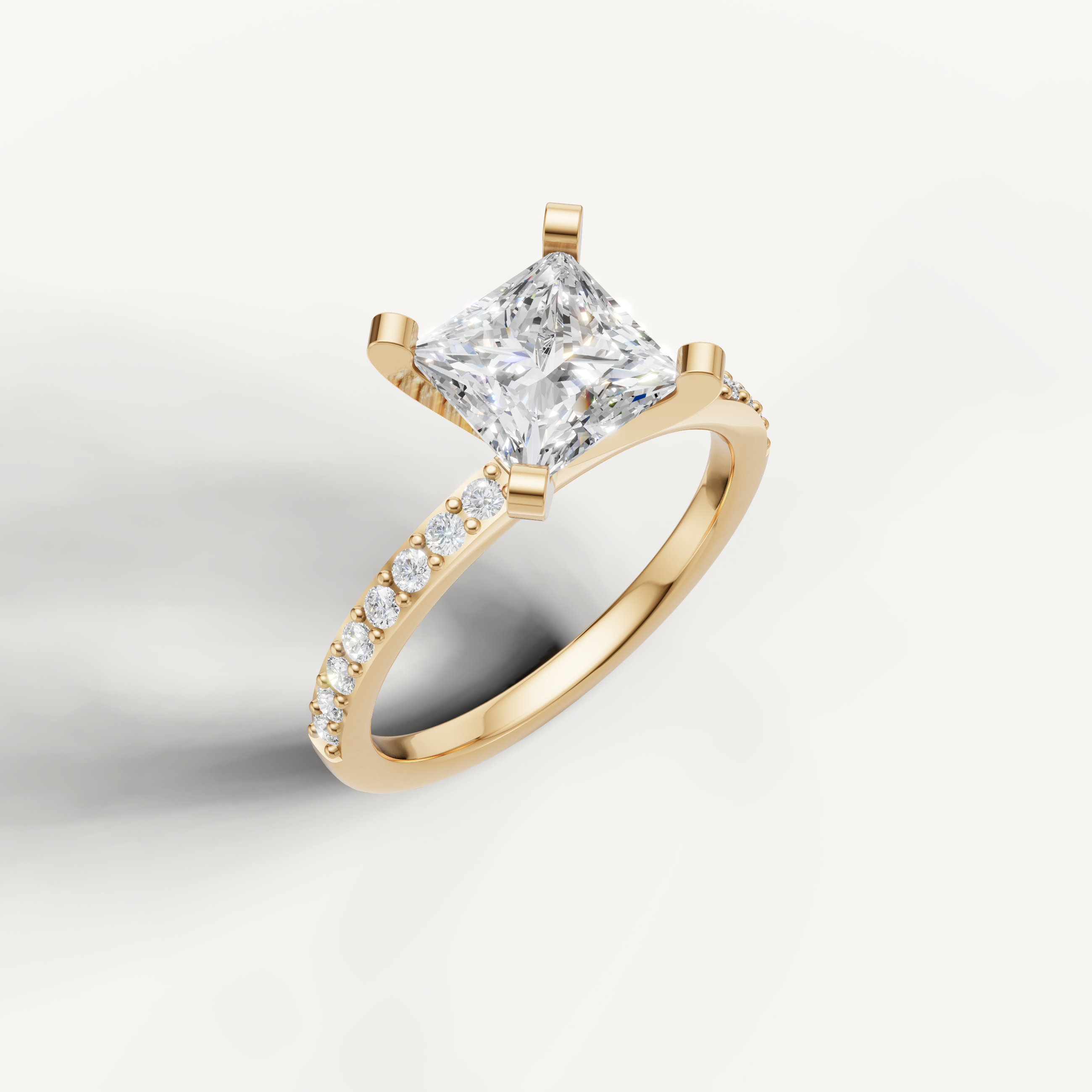 IGI certified princess cut lab diamond ring yellow gold pavé setting DEF VVS clarity