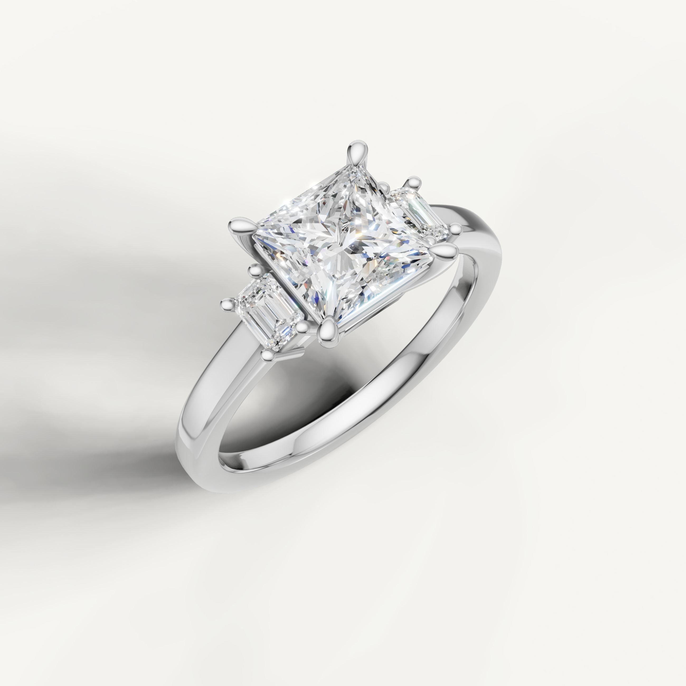 14K white gold princess lab grown diamond ring with step cut side diamonds and polished band