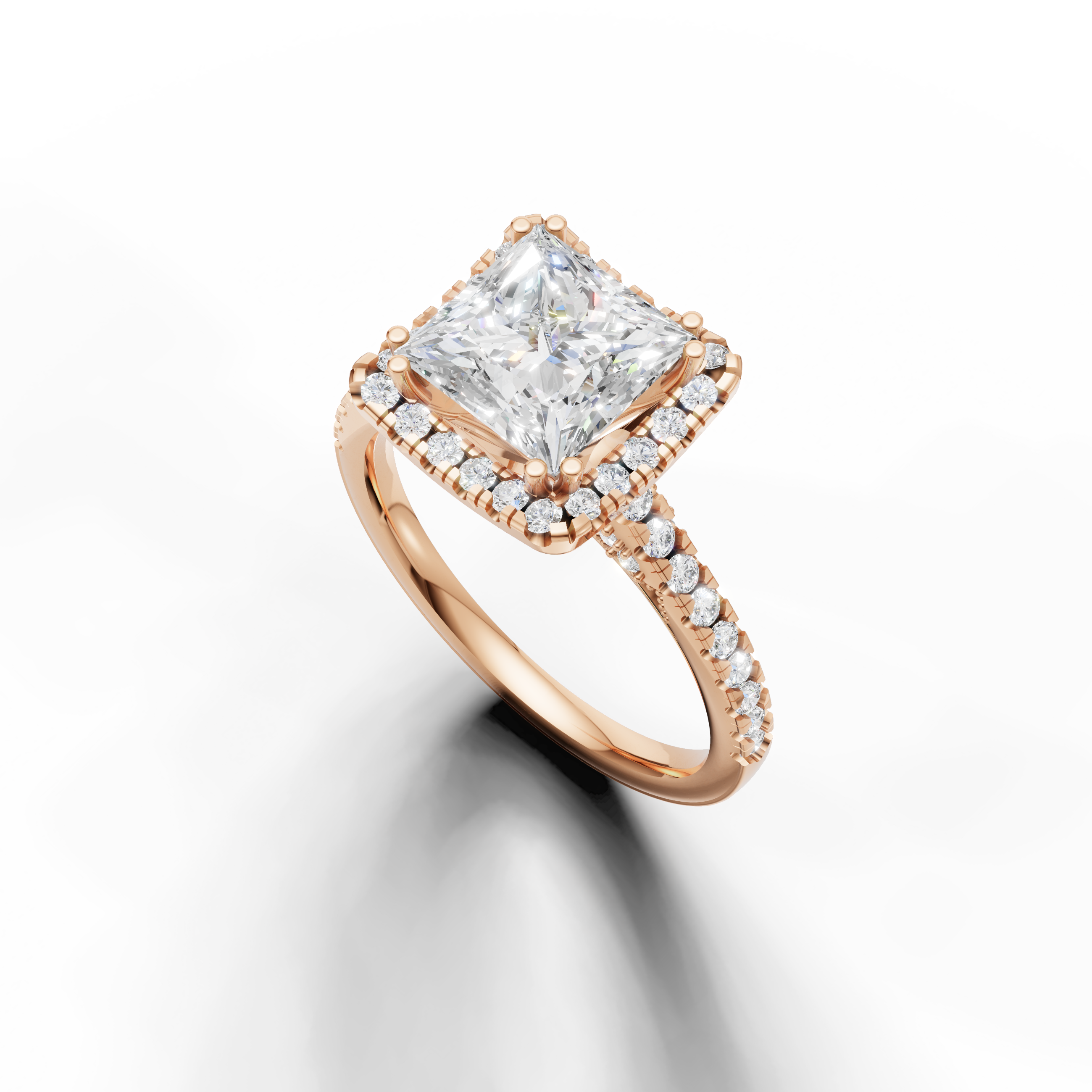 Rose gold princess cut lab grown diamond ring featuring a classic halo setting and delicate pavé band