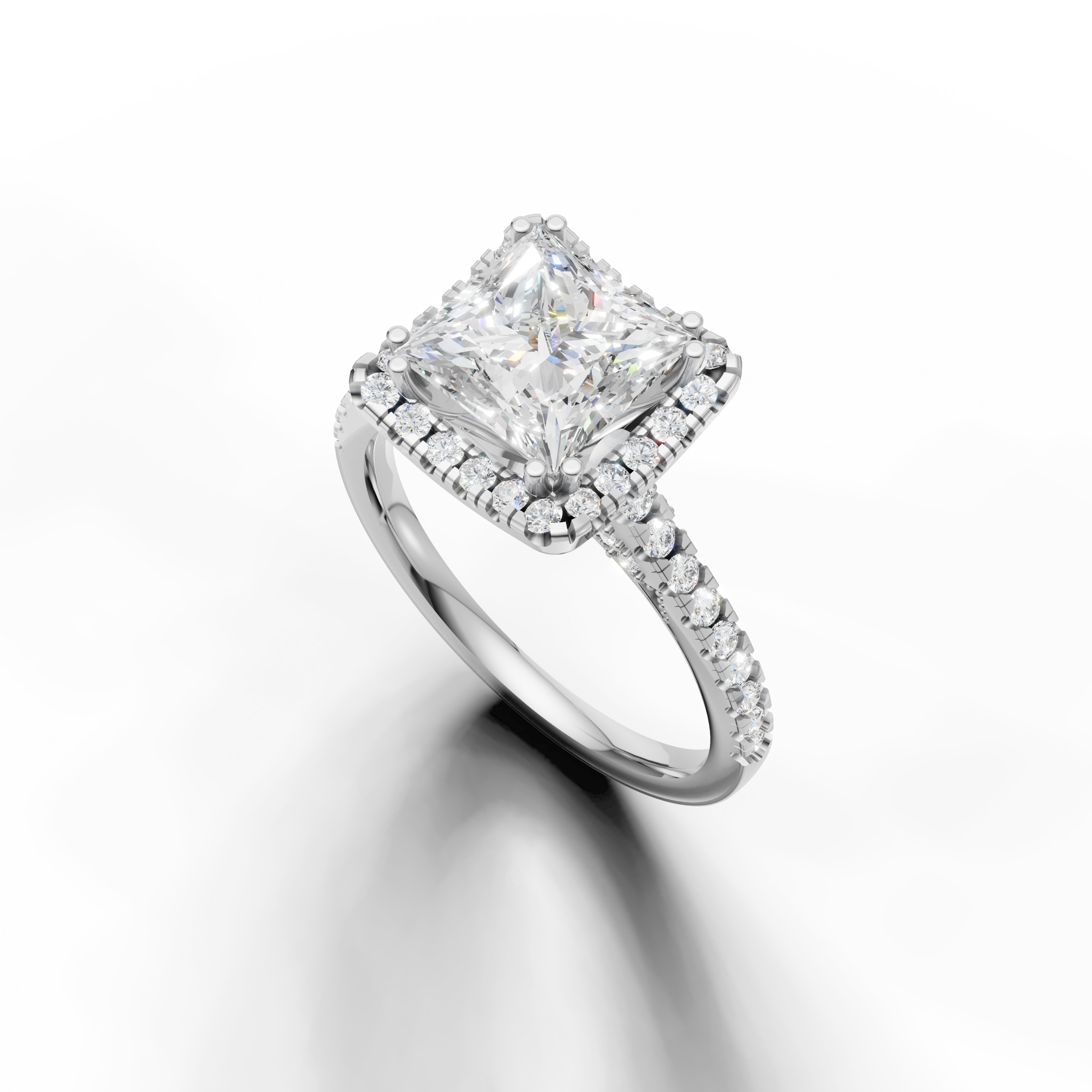 White gold princess cut lab grown diamond ring featuring a timeless halo setting and sparkling pavé band