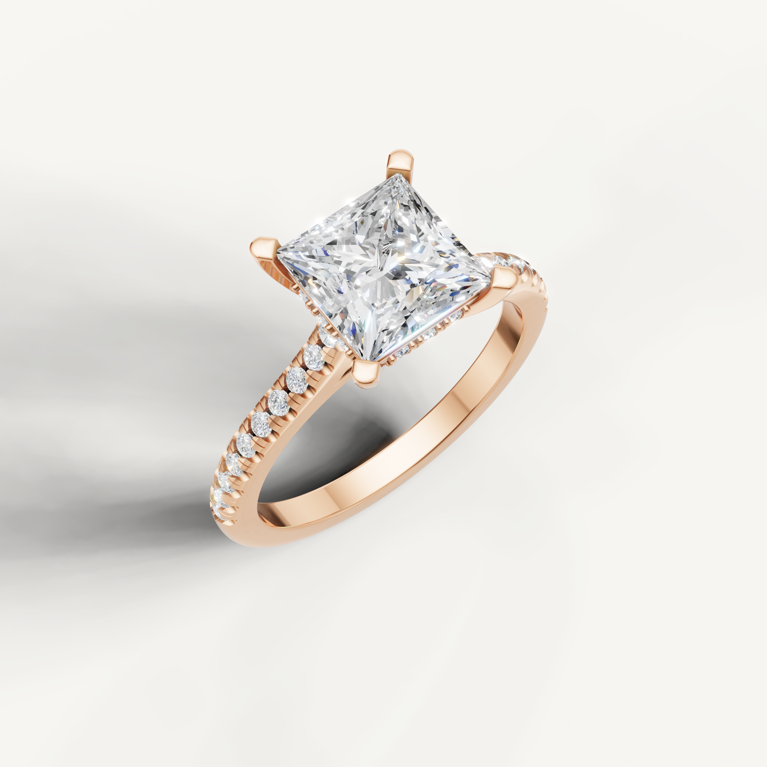 Elegant princess cut lab grown diamond solitaire ring in yellow gold with slim pavé diamond band