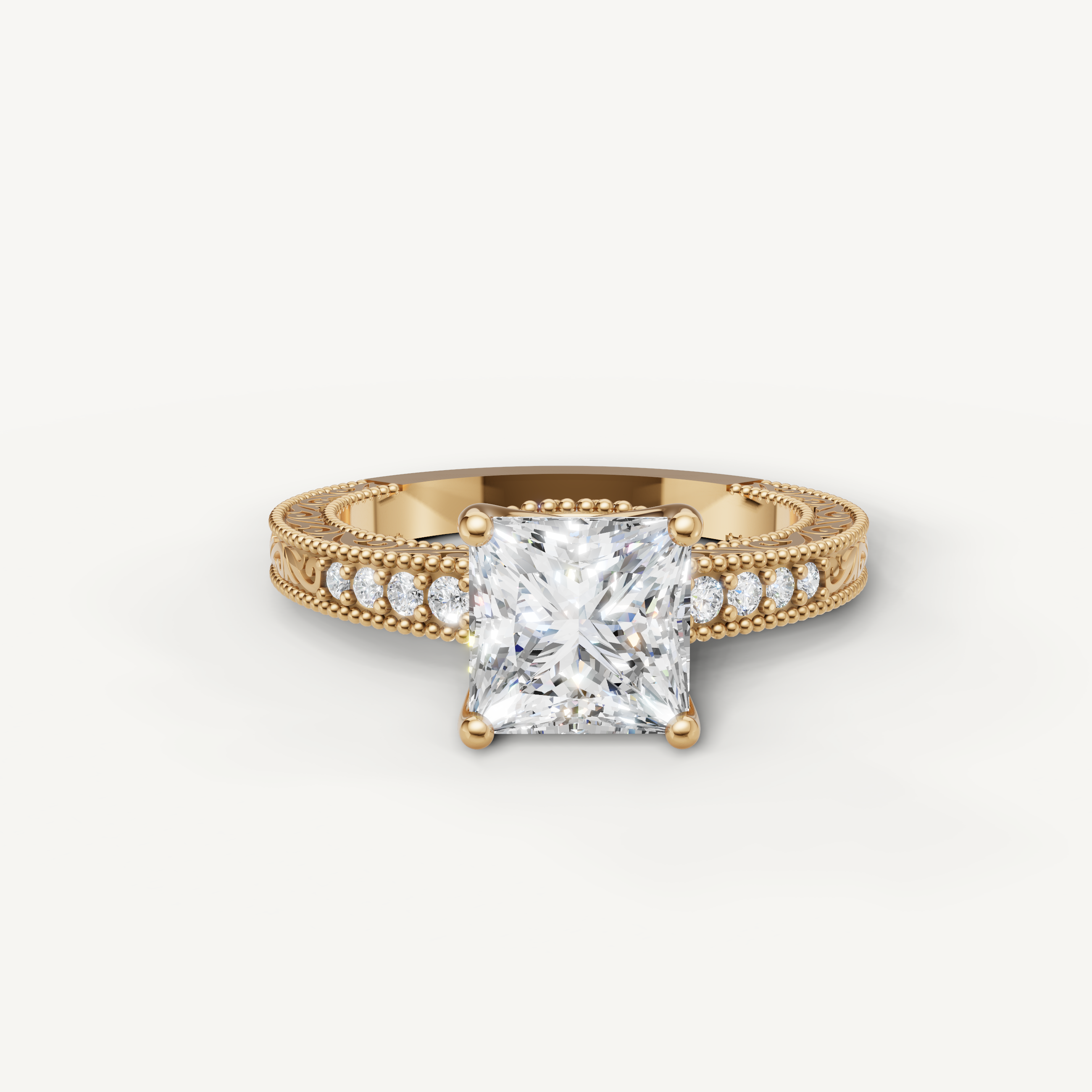 Vintage princess cut lab grown diamond engagement ring in 14K yellow gold with intricate filigree and pavé detailing by Raul Diamonds.